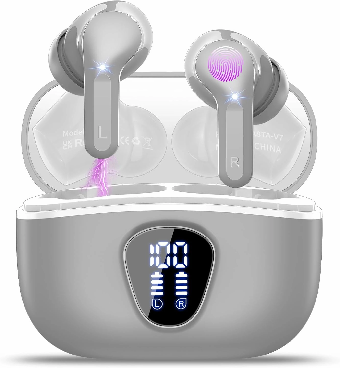 Wireless Earbuds Bluetooth 5.3 Headphones, 40H Playback HiFi Stereo Ear Buds with LED Display, ENC Noise Cancelling Earbuds, IP7 Waterproof in-Ear Earphone for iOS Andriod Sport/Workout/Running/Gray TWS earbuds,compact wireless buds,Bluetooth ear tips,