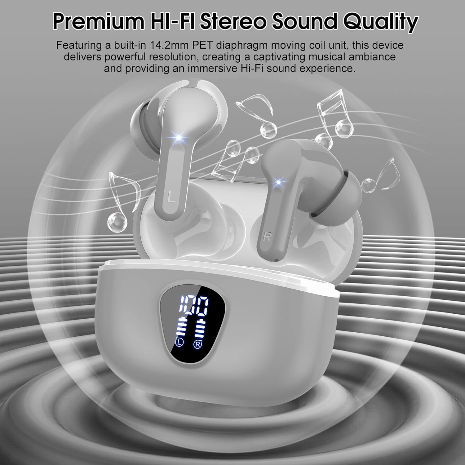 Wireless Earbuds Bluetooth 5.3 Headphones, 40H Playback HiFi Stereo Ear Buds with LED Display, ENC Noise Cancelling Earbuds, IP7 Waterproof in-Ear Earphone for iOS Andriod Sport/Workout/Running/Gray