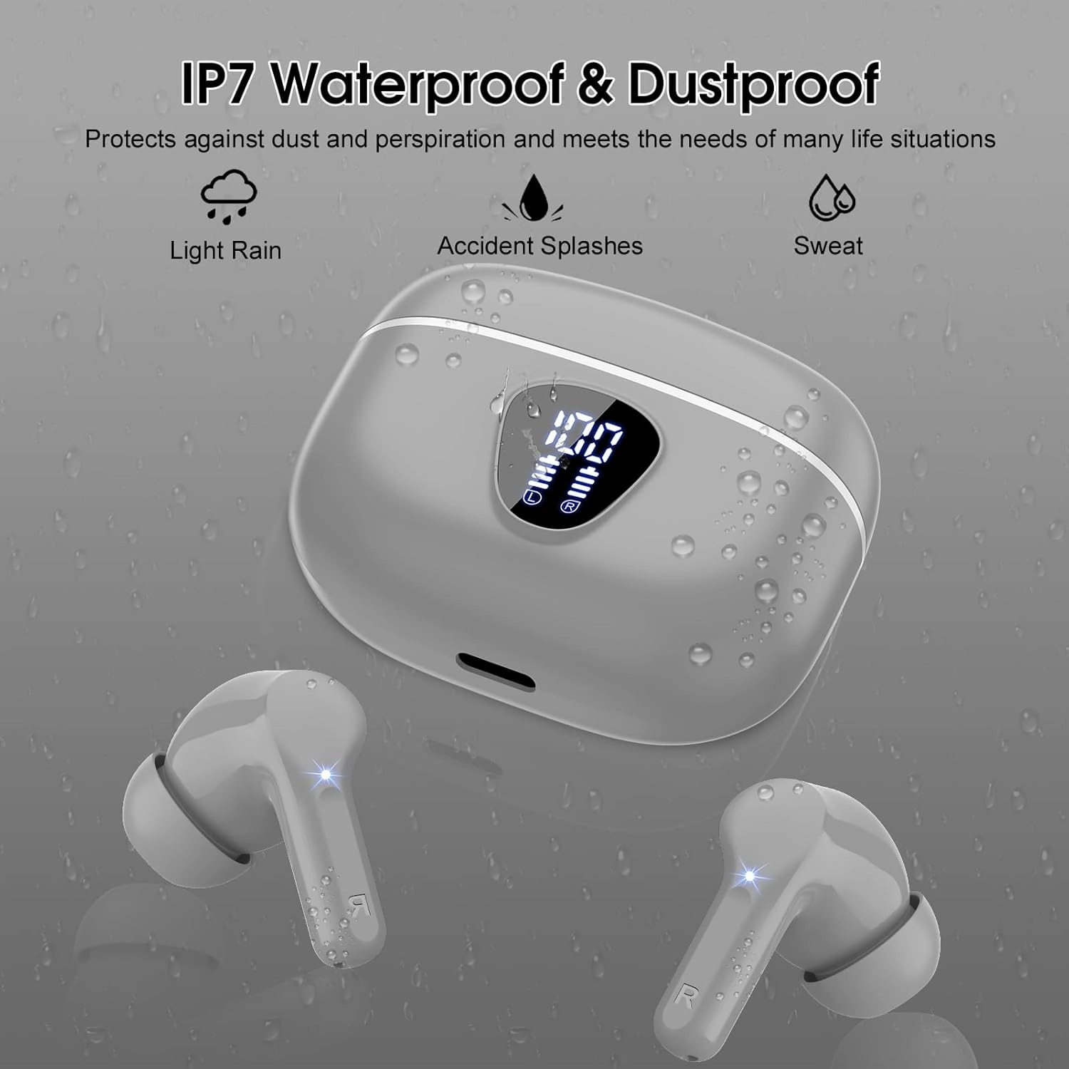 Wireless Earbuds Bluetooth 5.3 Headphones, 40H Playback HiFi Stereo Ear Buds with LED Display, ENC Noise Cancelling Earbuds, IP7 Waterproof in-Ear Earphone for iOS Andriod Sport/Workout/Running/Gray