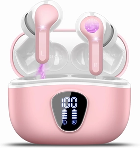 Wireless Earbuds Bluetooth 5.3 Headphones, 40H Playback HiFi Stereo Ear Buds with LED Display, ENC Noise Cancelling Earbuds, IP7 Waterproof in-Ear Earphone for iOS Andriod Sport/Workout/Running/Pink TWS earbuds,compact wireless buds,Bluetooth ear tips,