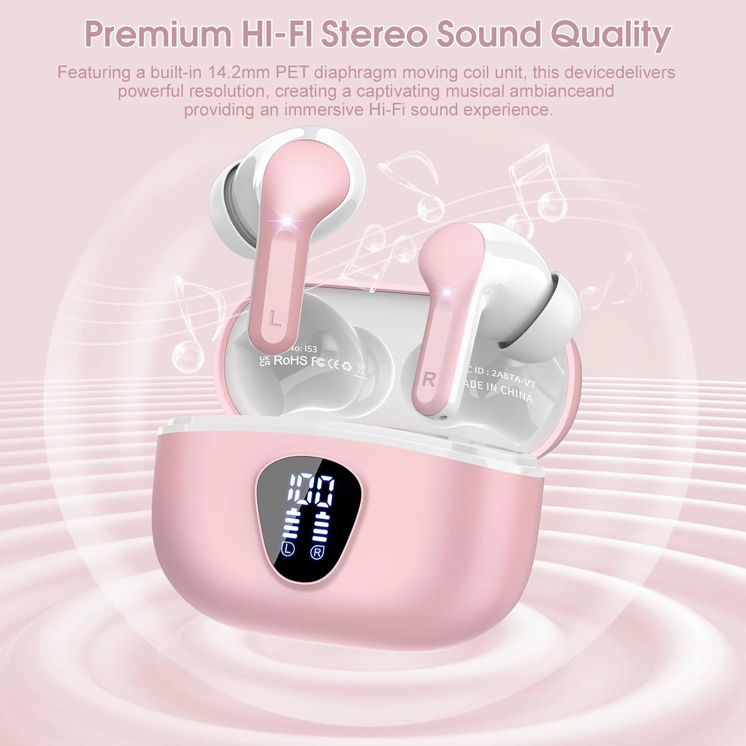 Wireless Earbuds Bluetooth 5.3 Headphones, 40H Playback HiFi Stereo Ear Buds with LED Display, ENC Noise Cancelling Earbuds, IP7 Waterproof in-Ear Earphone for iOS Andriod Sport/Workout/Running/Pink