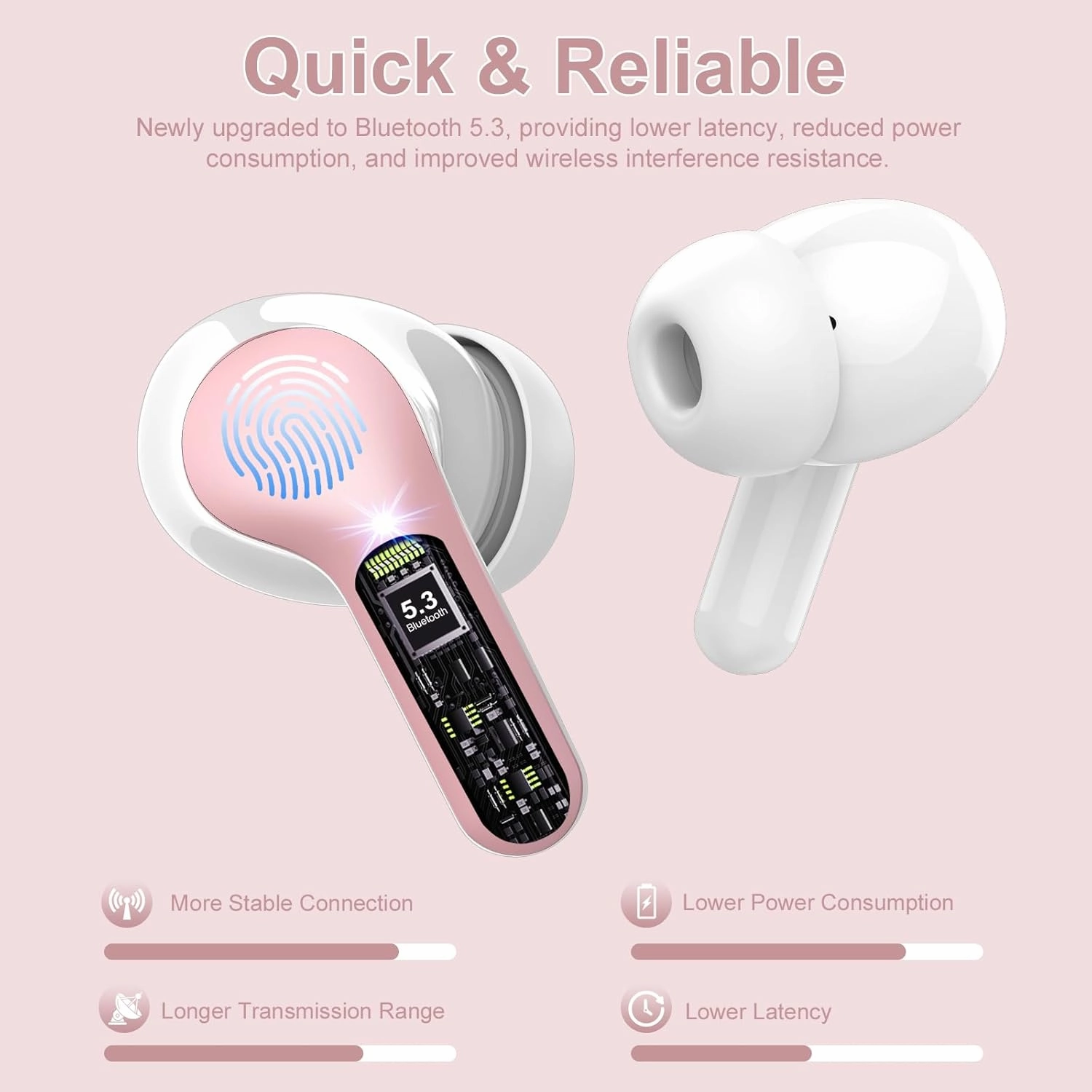 Wireless Earbuds Bluetooth 5.3 Headphones, 40H Playback HiFi Stereo Ear Buds with LED Display, ENC Noise Cancelling Earbuds, IP7 Waterproof in-Ear Earphone for iOS Andriod Sport/Workout/Running/Pink