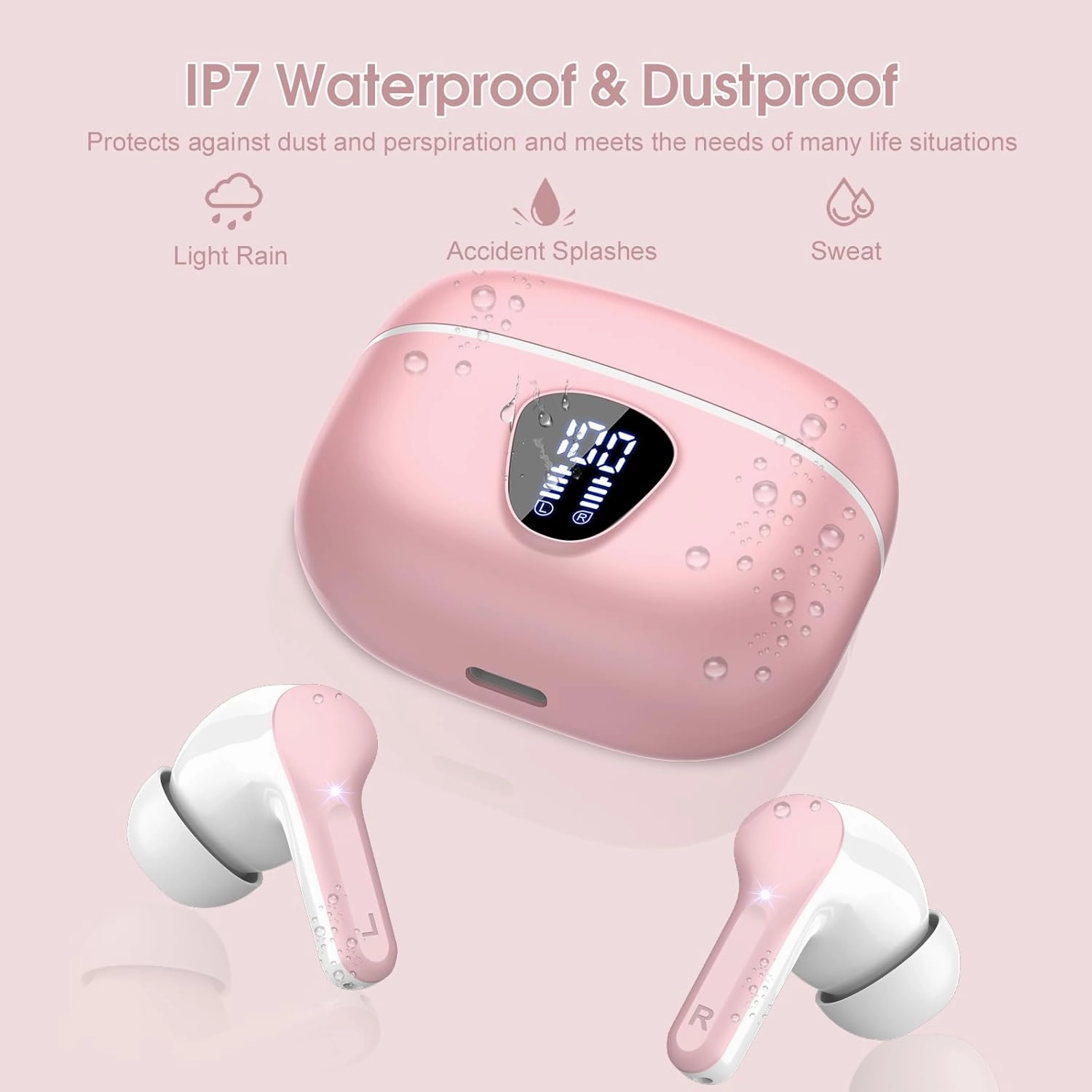 Wireless Earbuds Bluetooth 5.3 Headphones, 40H Playback HiFi Stereo Ear Buds with LED Display, ENC Noise Cancelling Earbuds, IP7 Waterproof in-Ear Earphone for iOS Andriod Sport/Workout/Running/Pink