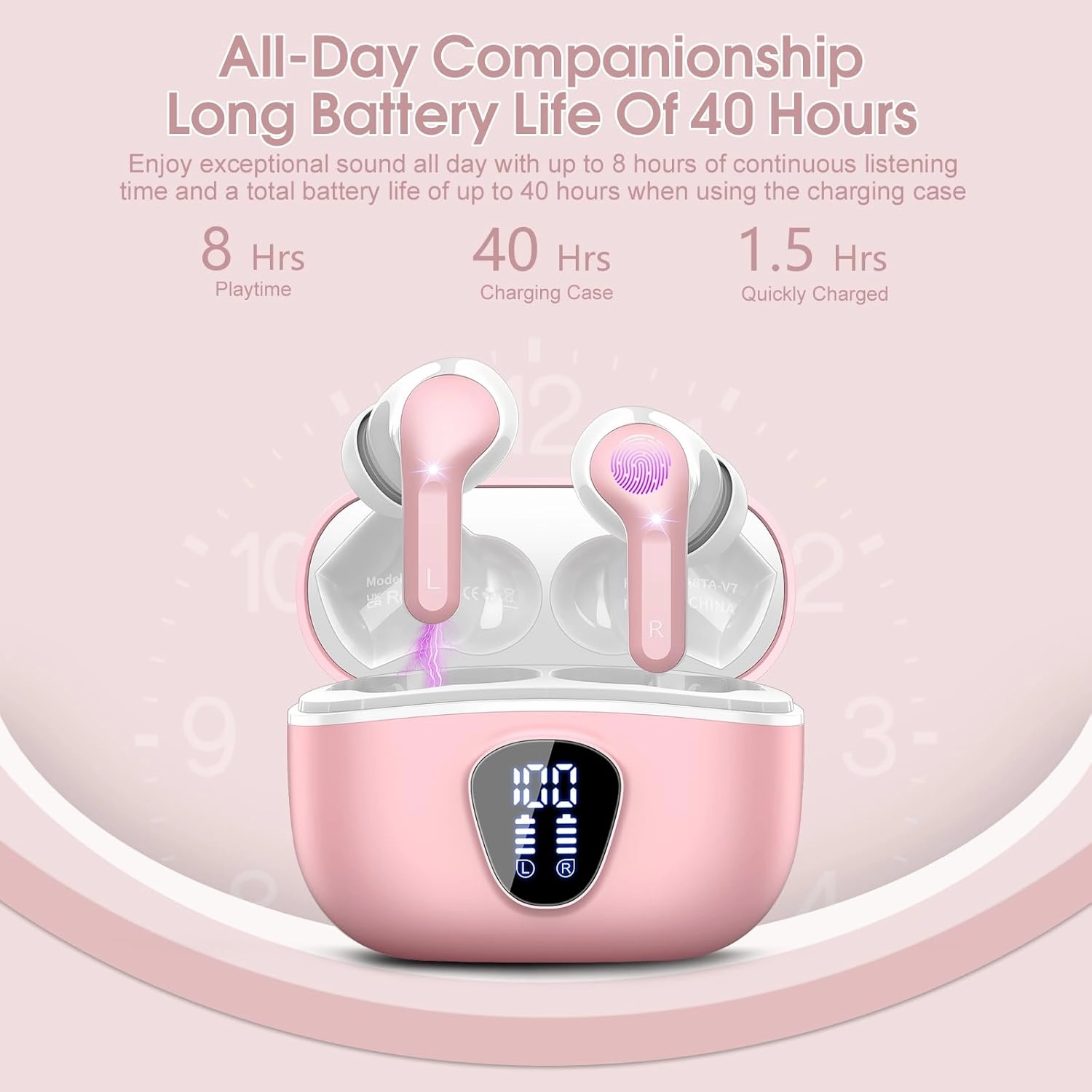 Wireless Earbuds Bluetooth 5.3 Headphones, 40H Playback HiFi Stereo Ear Buds with LED Display, ENC Noise Cancelling Earbuds, IP7 Waterproof in-Ear Earphone for iOS Andriod Sport/Workout/Running/Pink
