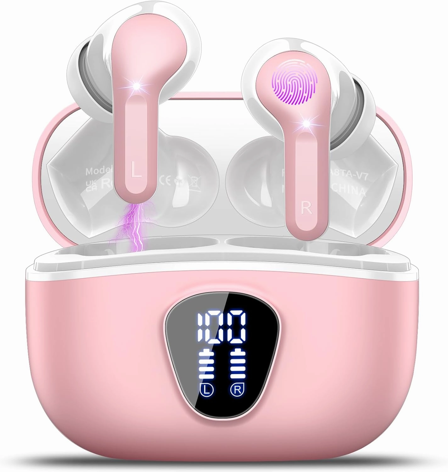 Wireless Earbuds Bluetooth 5.3 Headphones, 40H Playback HiFi Stereo Ear Buds with LED Display, ENC Noise Cancelling Earbuds, IP7 Waterproof in-Ear Earphone for iOS Andriod Sport/Workout/Running/Pink TWS earbuds,compact wireless buds,Bluetooth ear tips,