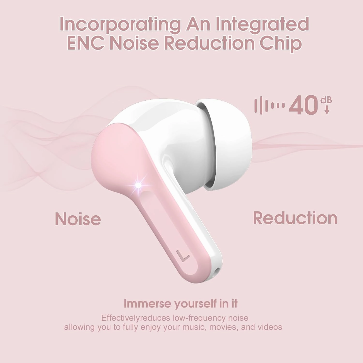 Wireless Earbuds Bluetooth 5.3 Headphones, 40H Playback HiFi Stereo Ear Buds with LED Display, ENC Noise Cancelling Earbuds, IP7 Waterproof in-Ear Earphone for iOS Andriod Sport/Workout/Running/Pink