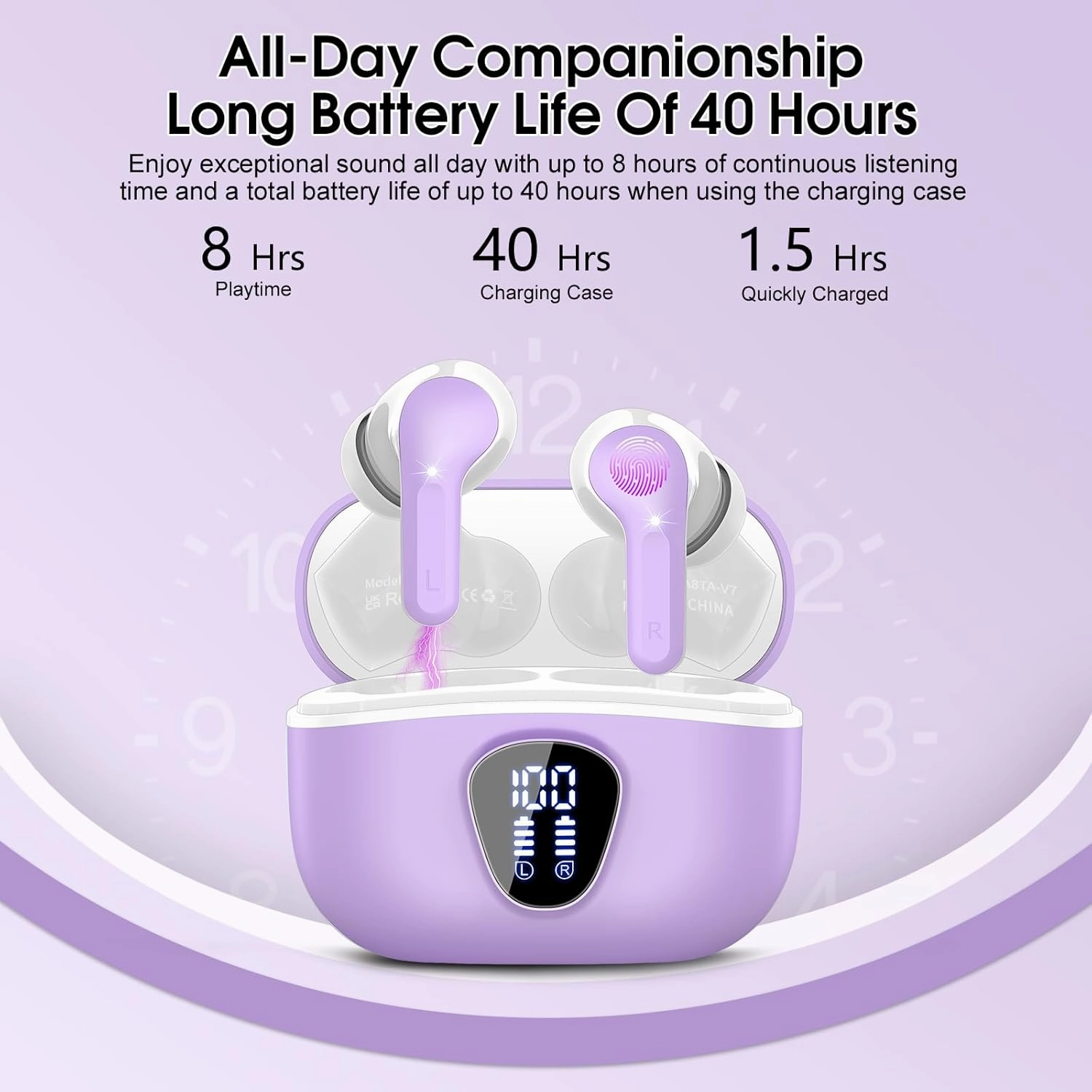 Wireless Earbuds Bluetooth 5.3 Headphones, 40H Playback HiFi Stereo Ear Buds with LED Display, ENC Noise Cancelling Earbuds, IP7 Waterproof in-Ear Earphone for iOS Andriod Sport/Workout/Running/Purple