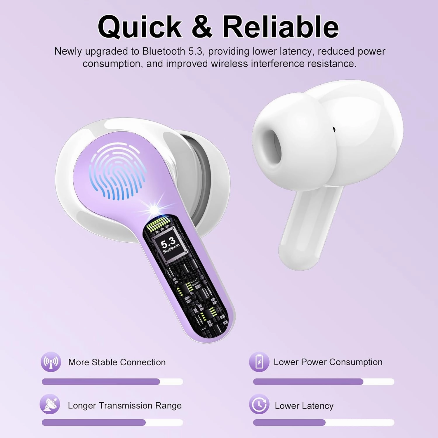 Wireless Earbuds Bluetooth 5.3 Headphones, 40H Playback HiFi Stereo Ear Buds with LED Display, ENC Noise Cancelling Earbuds, IP7 Waterproof in-Ear Earphone for iOS Andriod Sport/Workout/Running/Purple