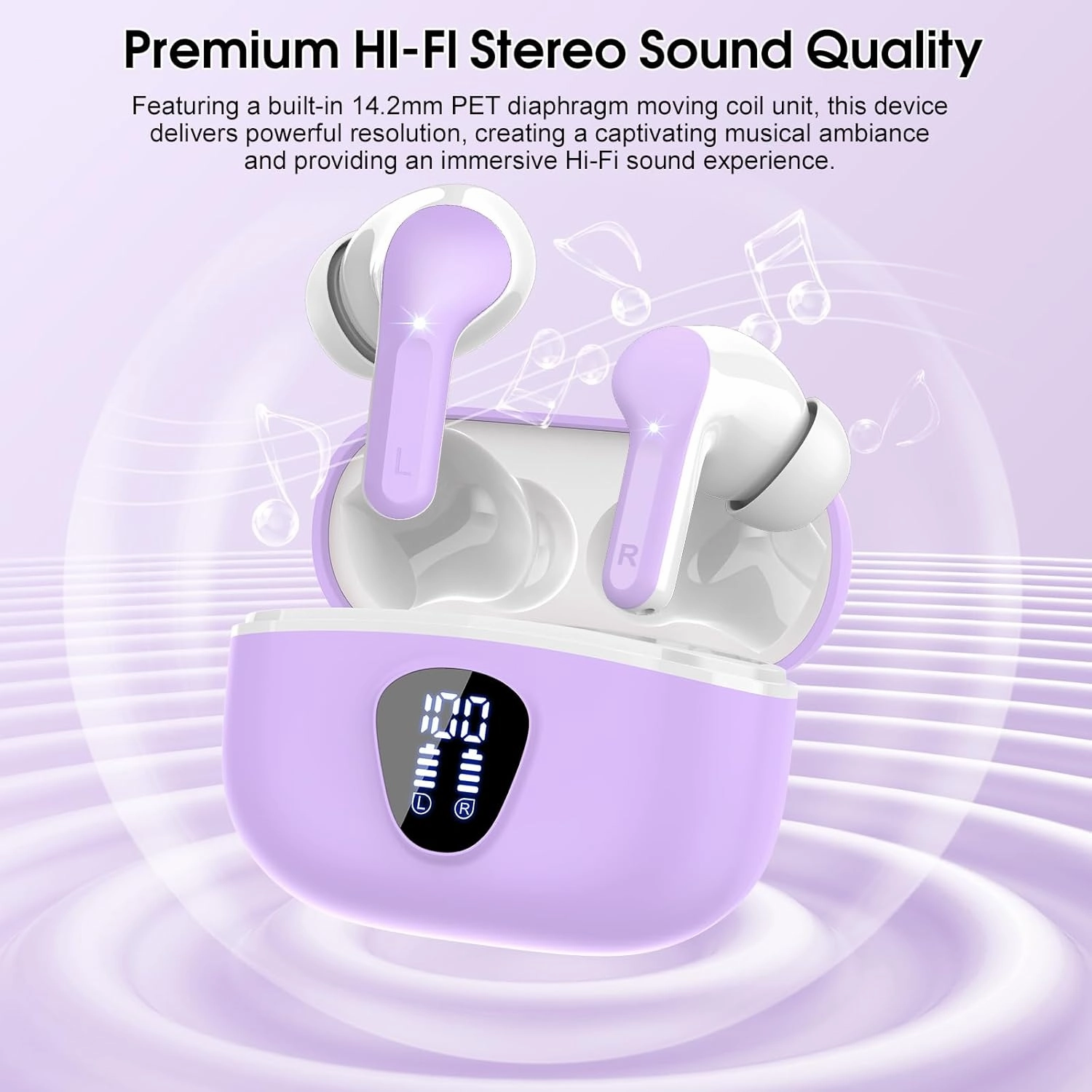 Wireless Earbuds Bluetooth 5.3 Headphones, 40H Playback HiFi Stereo Ear Buds with LED Display, ENC Noise Cancelling Earbuds, IP7 Waterproof in-Ear Earphone for iOS Andriod Sport/Workout/Running/Purple