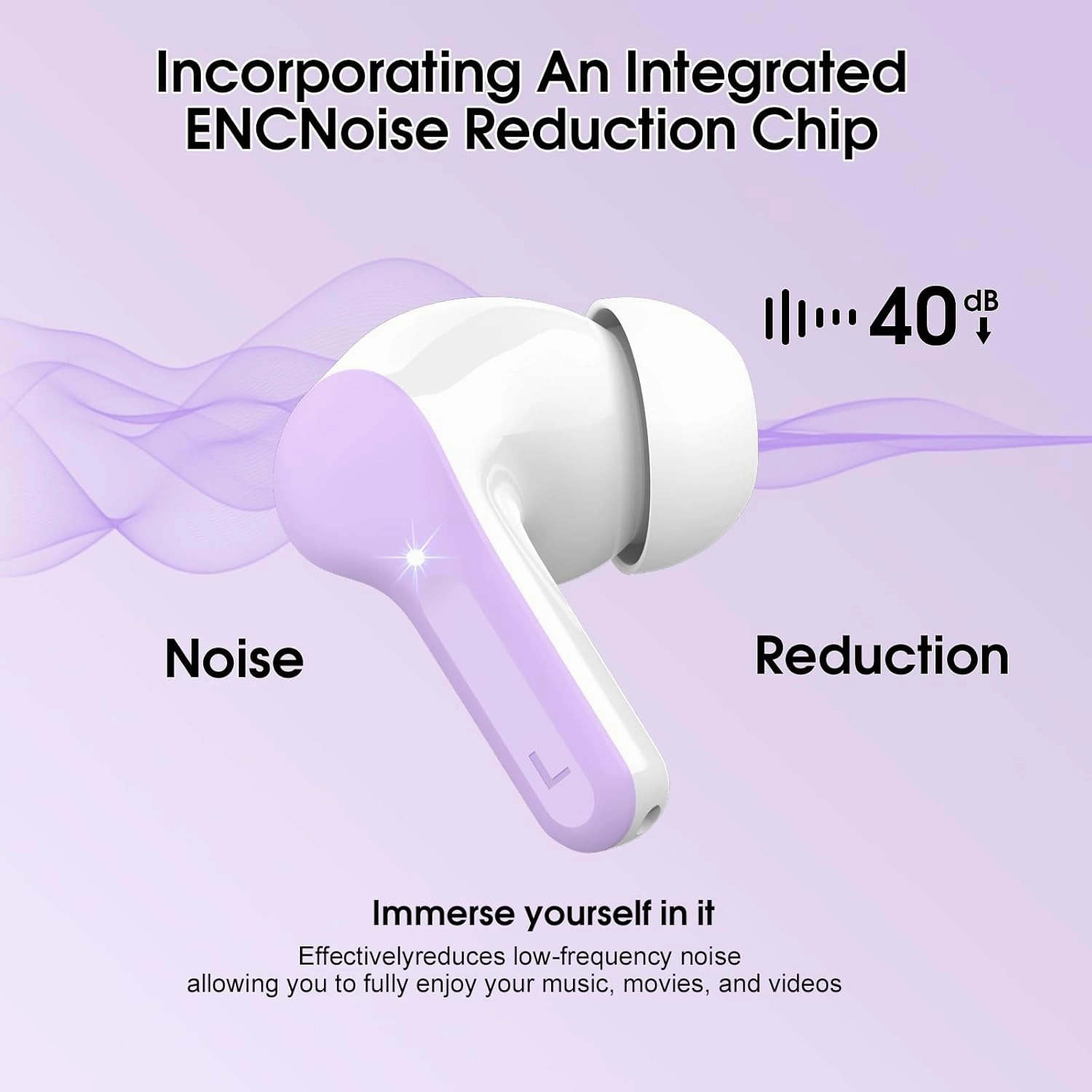 Wireless Earbuds Bluetooth 5.3 Headphones, 40H Playback HiFi Stereo Ear Buds with LED Display, ENC Noise Cancelling Earbuds, IP7 Waterproof in-Ear Earphone for iOS Andriod Sport/Workout/Running/Purple