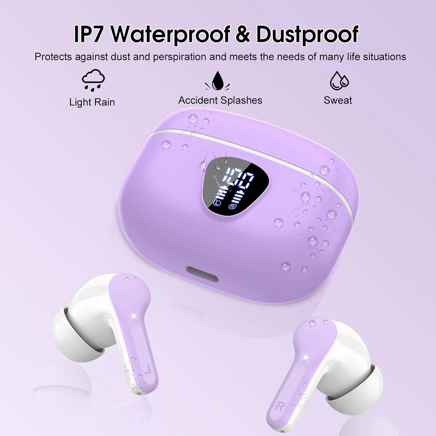 Wireless Earbuds Bluetooth 5.3 Headphones, 40H Playback HiFi Stereo Ear Buds with LED Display, ENC Noise Cancelling Earbuds, IP7 Waterproof in-Ear Earphone for iOS Andriod Sport/Workout/Running/Purple
