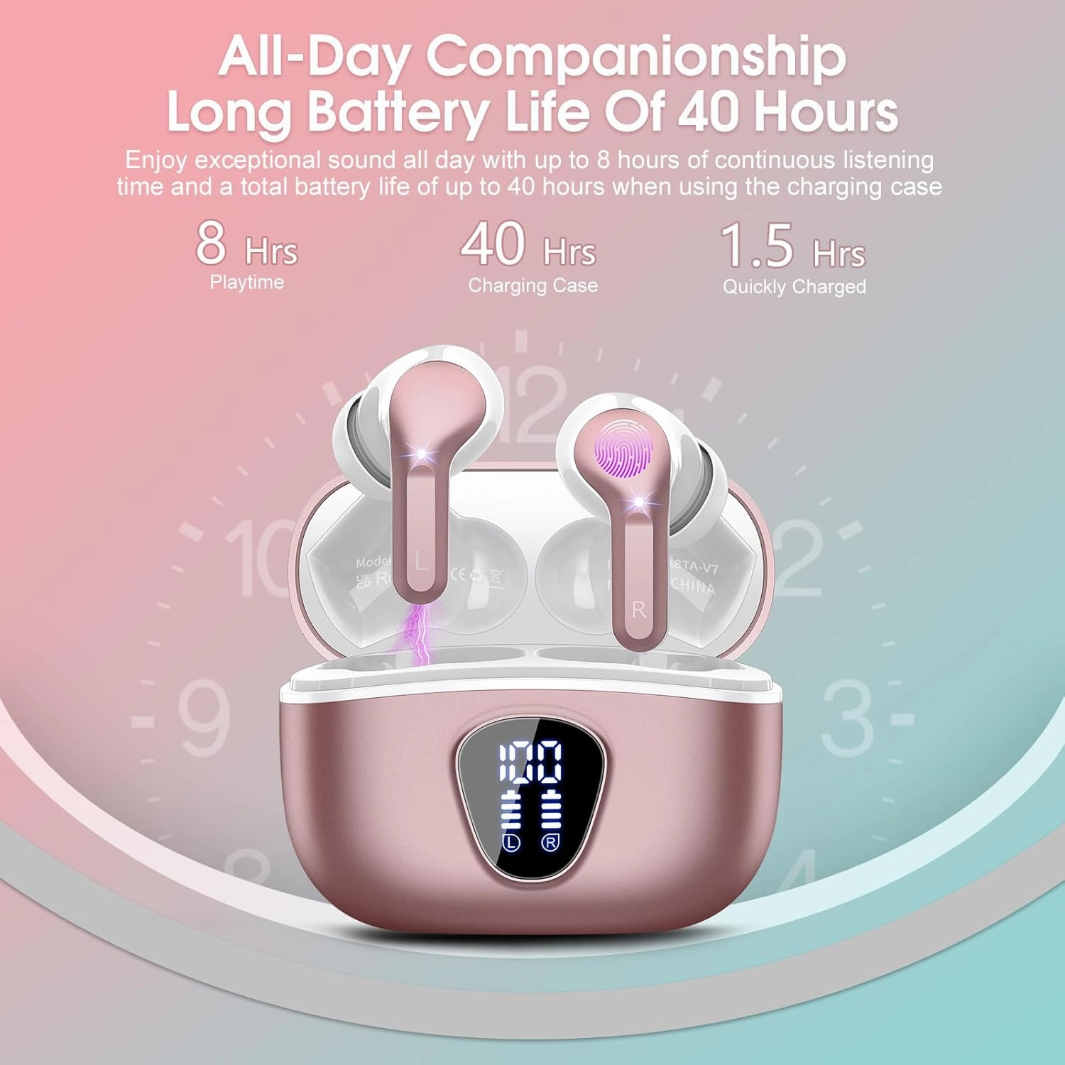 Wireless Earbuds Bluetooth 5.3 Headphones, 40H Playback HiFi Stereo Ear Buds with LED Display, ENC Noise Cancelling Earbuds, IP7 Waterproof in-Ear Earphone for iOS Andriod Sport/Workout/Running/Rose