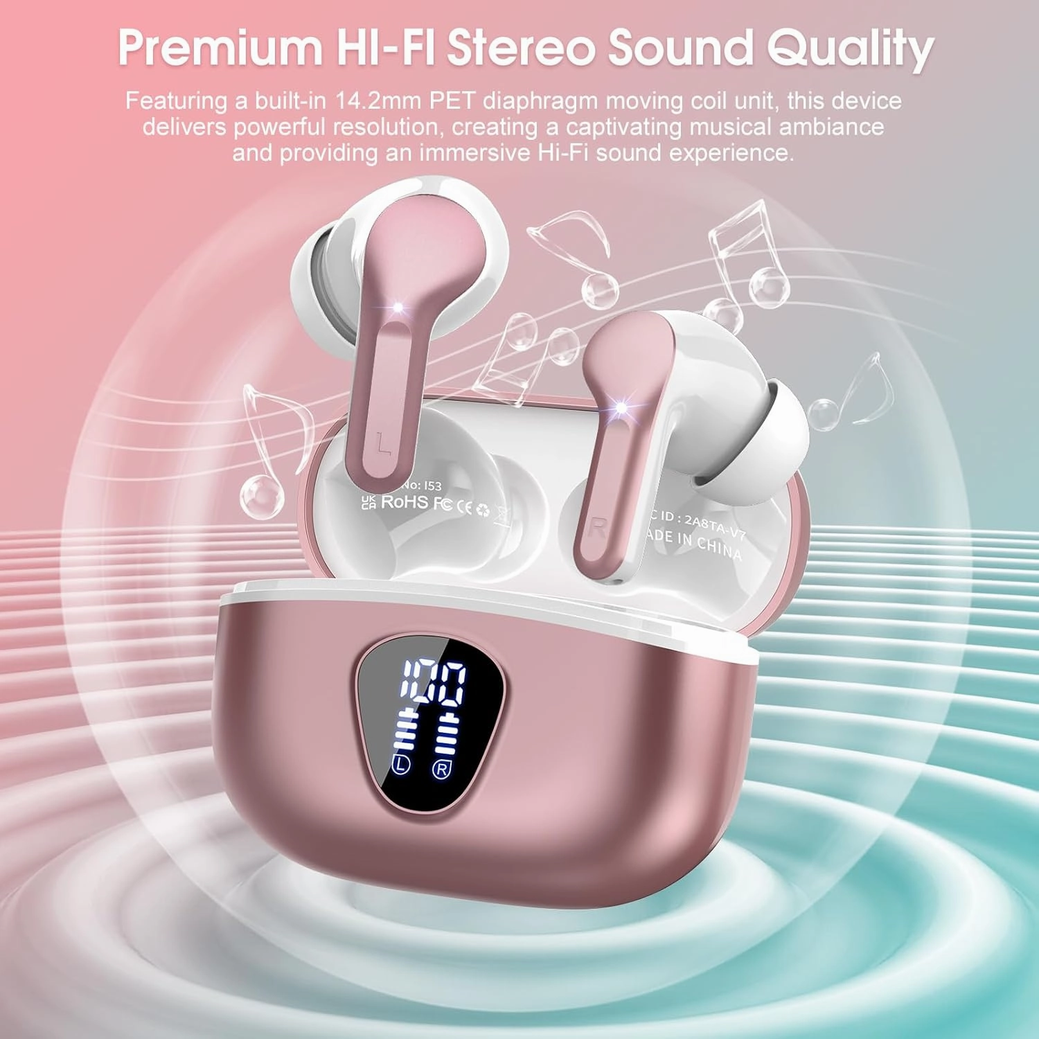 Wireless Earbuds Bluetooth 5.3 Headphones, 40H Playback HiFi Stereo Ear Buds with LED Display, ENC Noise Cancelling Earbuds, IP7 Waterproof in-Ear Earphone for iOS Andriod Sport/Workout/Running/Rose