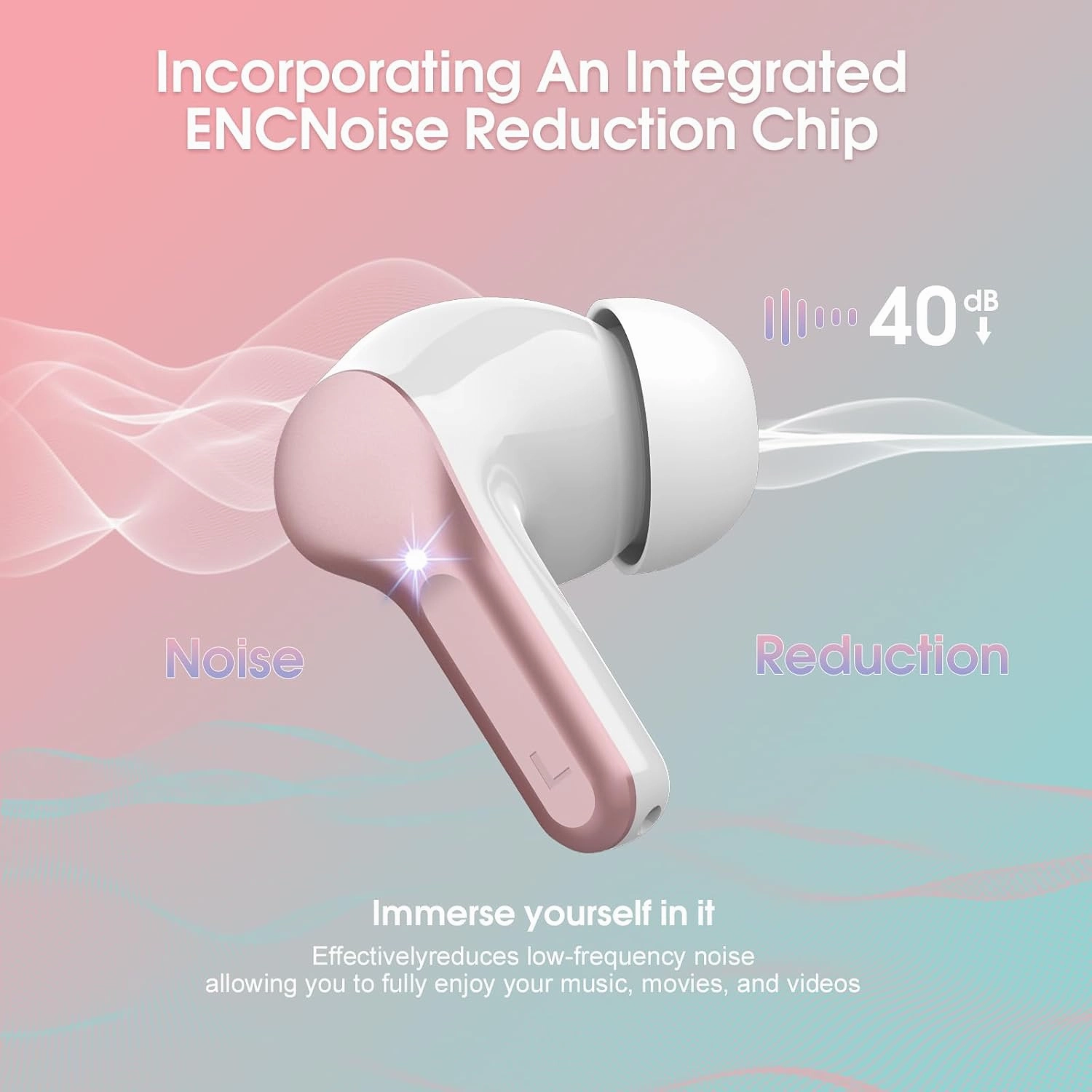 Wireless Earbuds Bluetooth 5.3 Headphones, 40H Playback HiFi Stereo Ear Buds with LED Display, ENC Noise Cancelling Earbuds, IP7 Waterproof in-Ear Earphone for iOS Andriod Sport/Workout/Running/Rose
