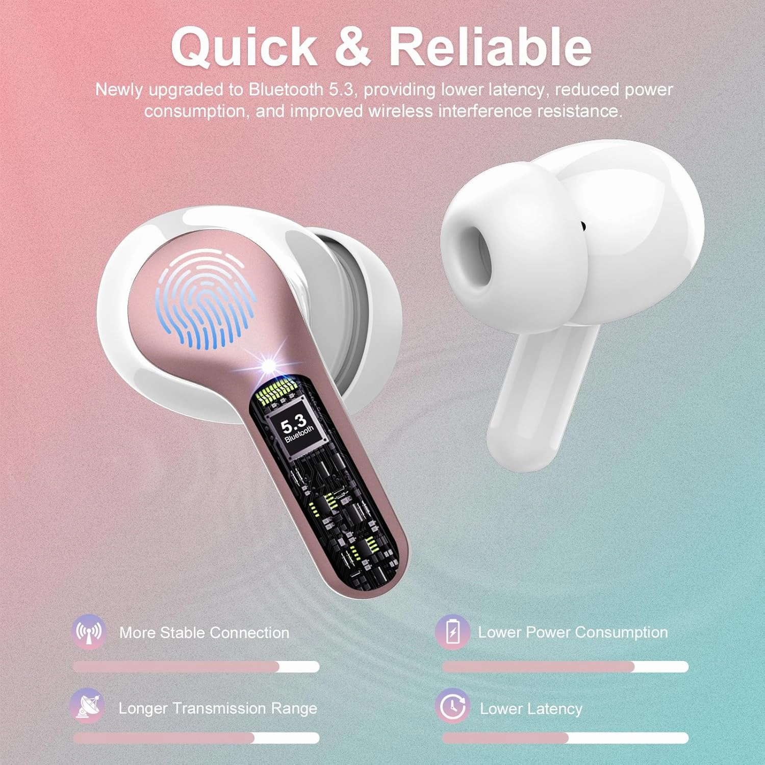 Wireless Earbuds Bluetooth 5.3 Headphones, 40H Playback HiFi Stereo Ear Buds with LED Display, ENC Noise Cancelling Earbuds, IP7 Waterproof in-Ear Earphone for iOS Andriod Sport/Workout/Running/Rose