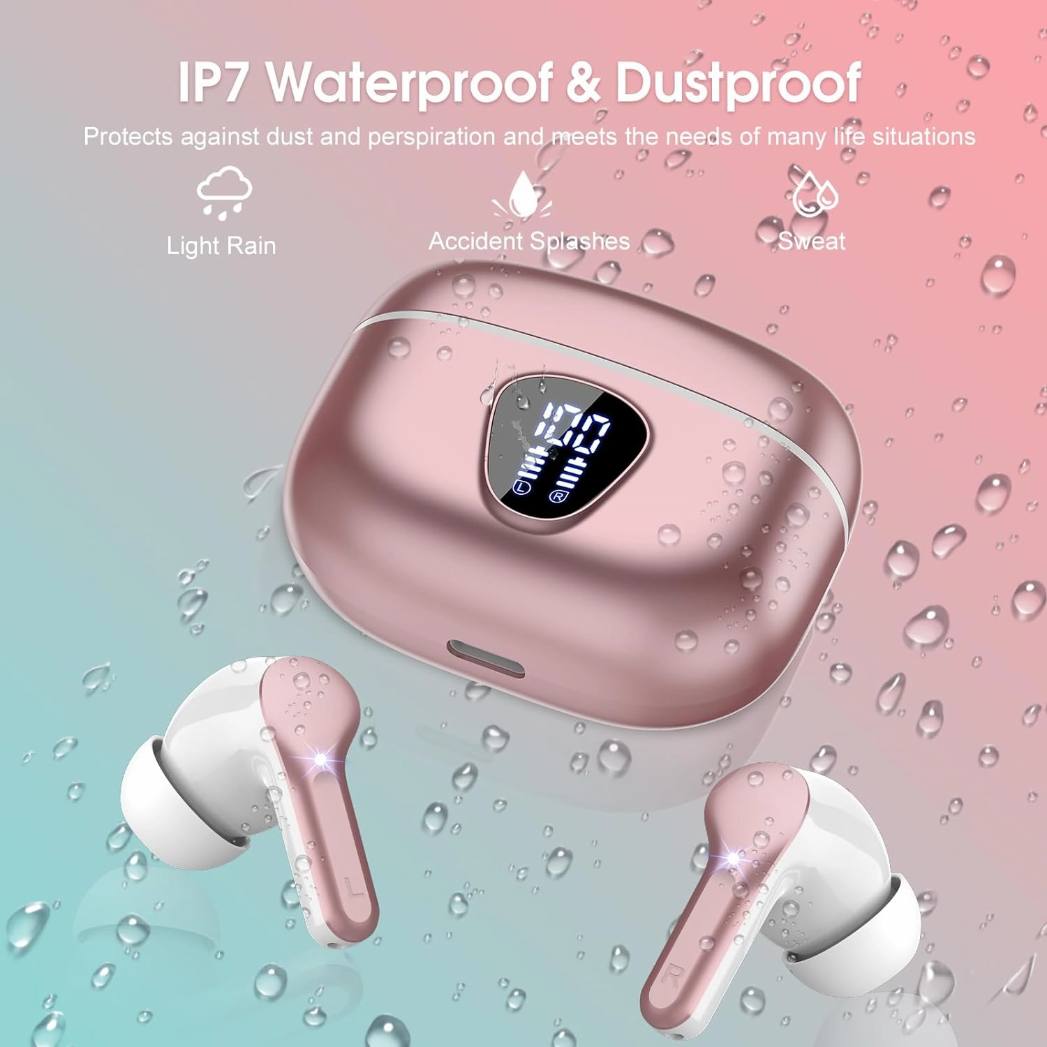 Wireless Earbuds Bluetooth 5.3 Headphones, 40H Playback HiFi Stereo Ear Buds with LED Display, ENC Noise Cancelling Earbuds, IP7 Waterproof in-Ear Earphone for iOS Andriod Sport/Workout/Running/Rose