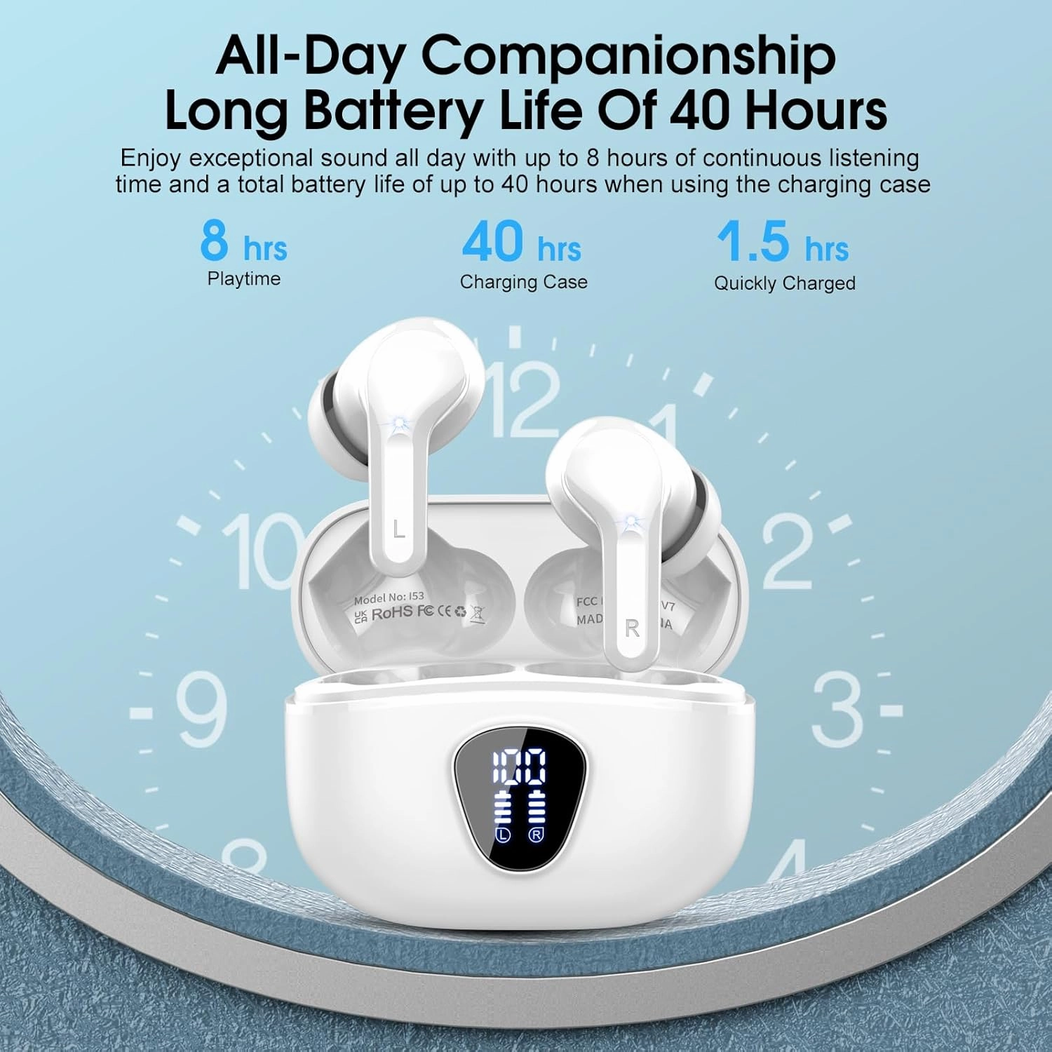 Wireless Earbuds Bluetooth 5.3 Headphones, 40H Playback HiFi Stereo Ear Buds with LED Display, ENC Noise Cancelling Earbuds, IP7 Waterproof in-Ear Earphone for iOS Andriod Sport/Workout/Running/White