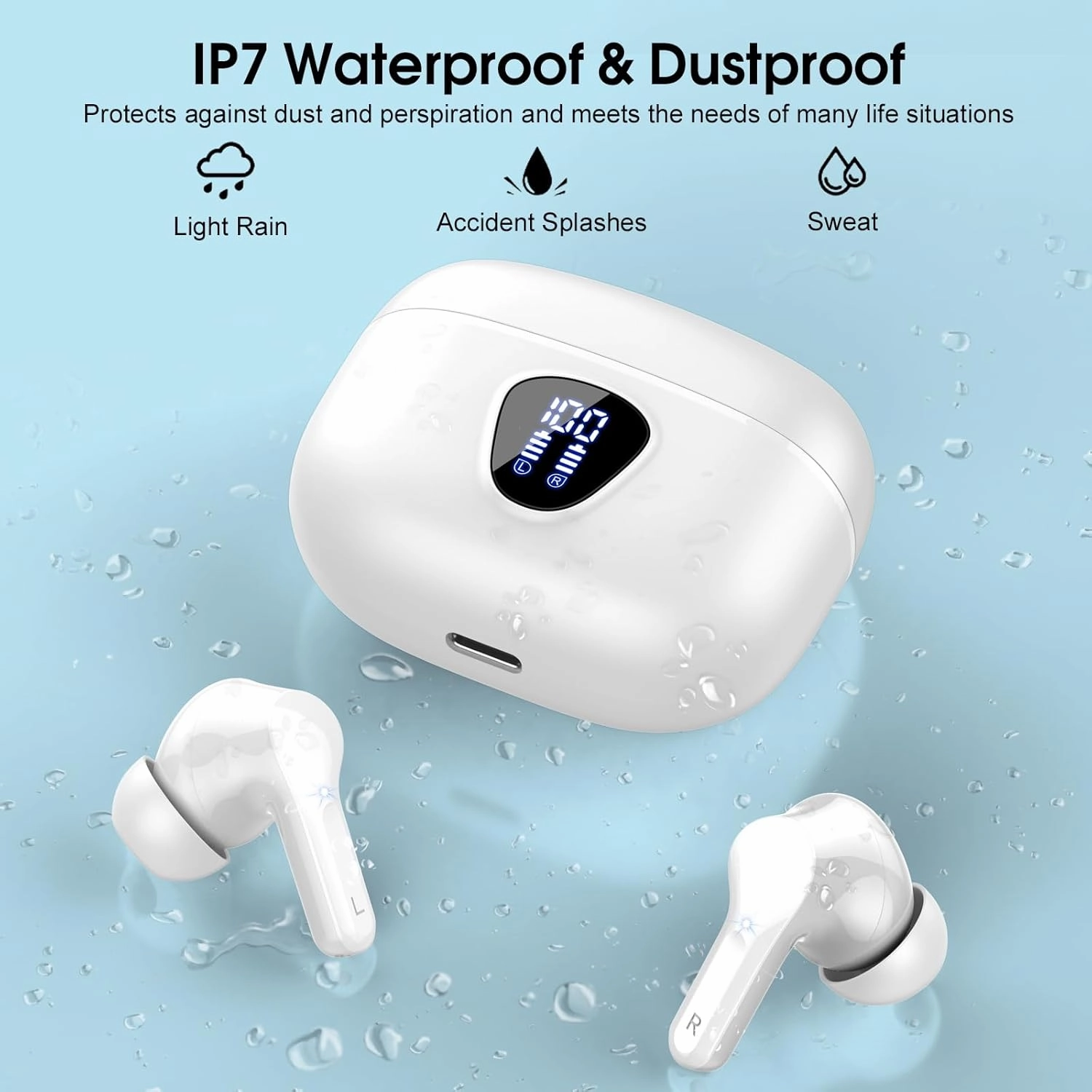Wireless Earbuds Bluetooth 5.3 Headphones, 40H Playback HiFi Stereo Ear Buds with LED Display, ENC Noise Cancelling Earbuds, IP7 Waterproof in-Ear Earphone for iOS Andriod Sport/Workout/Running/White