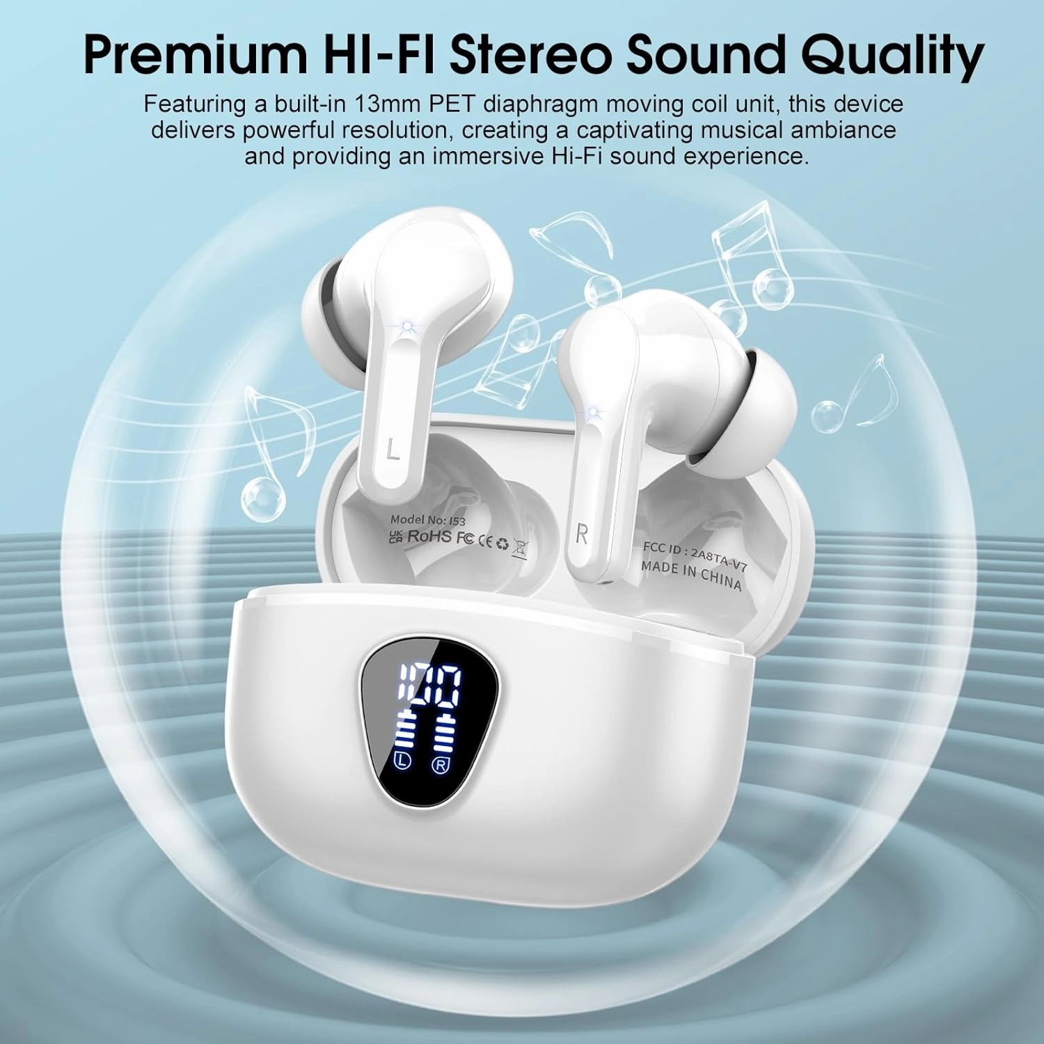 Wireless Earbuds Bluetooth 5.3 Headphones, 40H Playback HiFi Stereo Ear Buds with LED Display, ENC Noise Cancelling Earbuds, IP7 Waterproof in-Ear Earphone for iOS Andriod Sport/Workout/Running/White