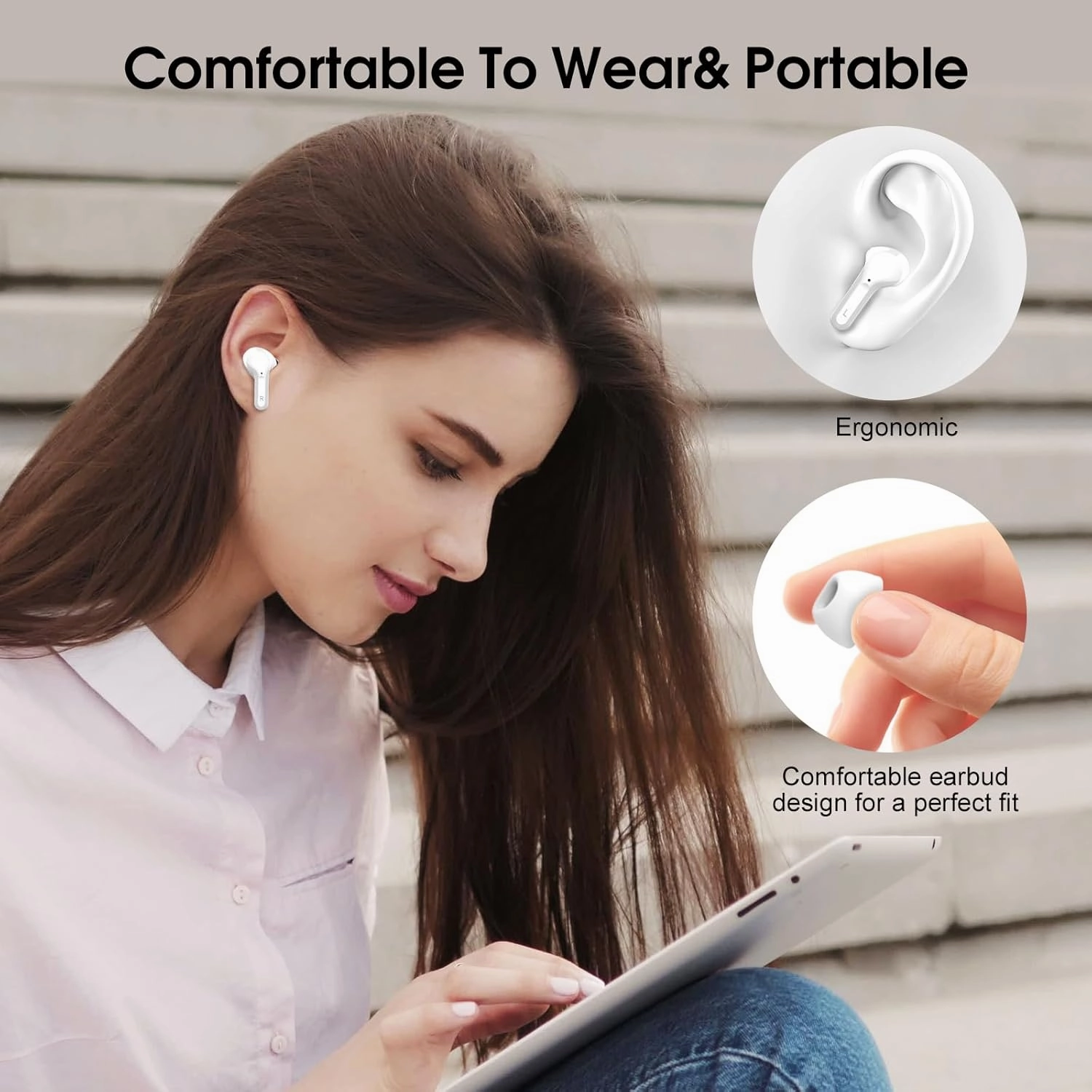 Wireless Earbuds Bluetooth 5.3 Headphones, 40H Playback HiFi Stereo Ear Buds with LED Display, ENC Noise Cancelling Earbuds, IP7 Waterproof in-Ear Earphone for iOS Andriod Sport/Workout/Running/White