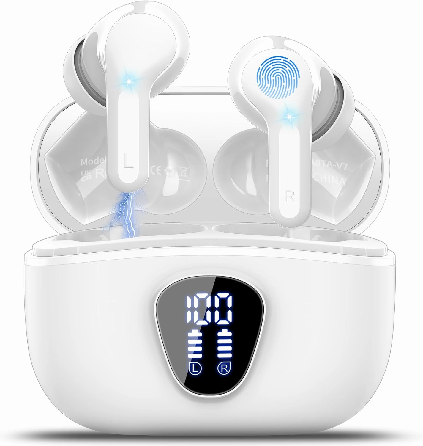 Wireless Earbuds Bluetooth 5.3 Headphones, 40H Playback HiFi Stereo Ear Buds with LED Display, ENC Noise Cancelling Earbuds, IP7 Waterproof in-Ear Earphone for iOS Andriod Sport/Workout/Running/White TWS earbuds,compact wireless buds,Bluetooth ear tips,