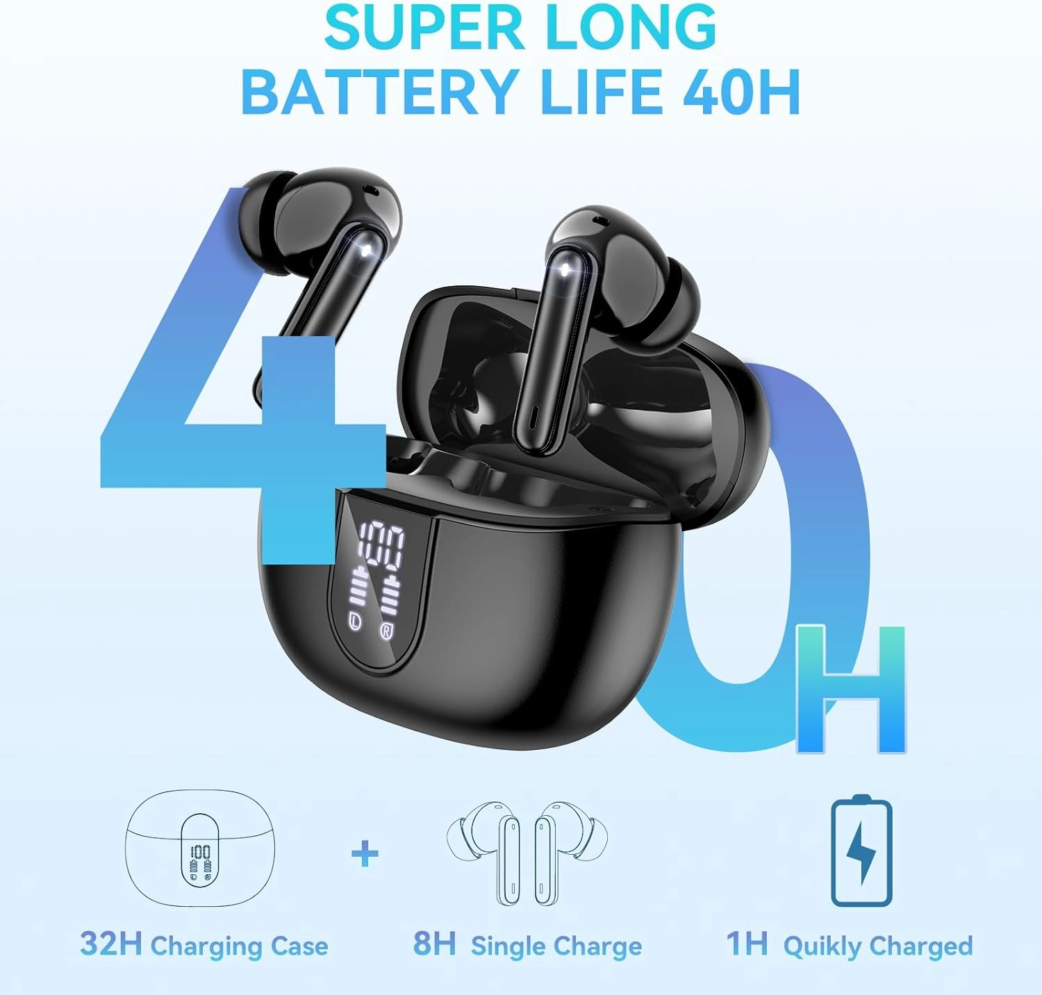 Wireless Earbuds, Bluetooth 5.3 Headphones 40Hrs Playtime Deep Bass Stereo in-Ear Earbud, LED Power Display, Call Noise Canceling Headphones with Mic, IP7 Waterproof Earphones for IOS Android Black