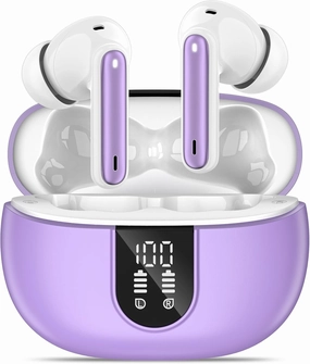 Wireless Earbuds, Bluetooth 5.3 Headphones 40Hrs Playtime Deep Bass Stereo, LED Power Display, Call Noise Canceling Headphones with Mic, IP7 Waterproof Earphones for iOS Android Purple wireless earbuds,Bluetooth earphones,true wireless stereo,