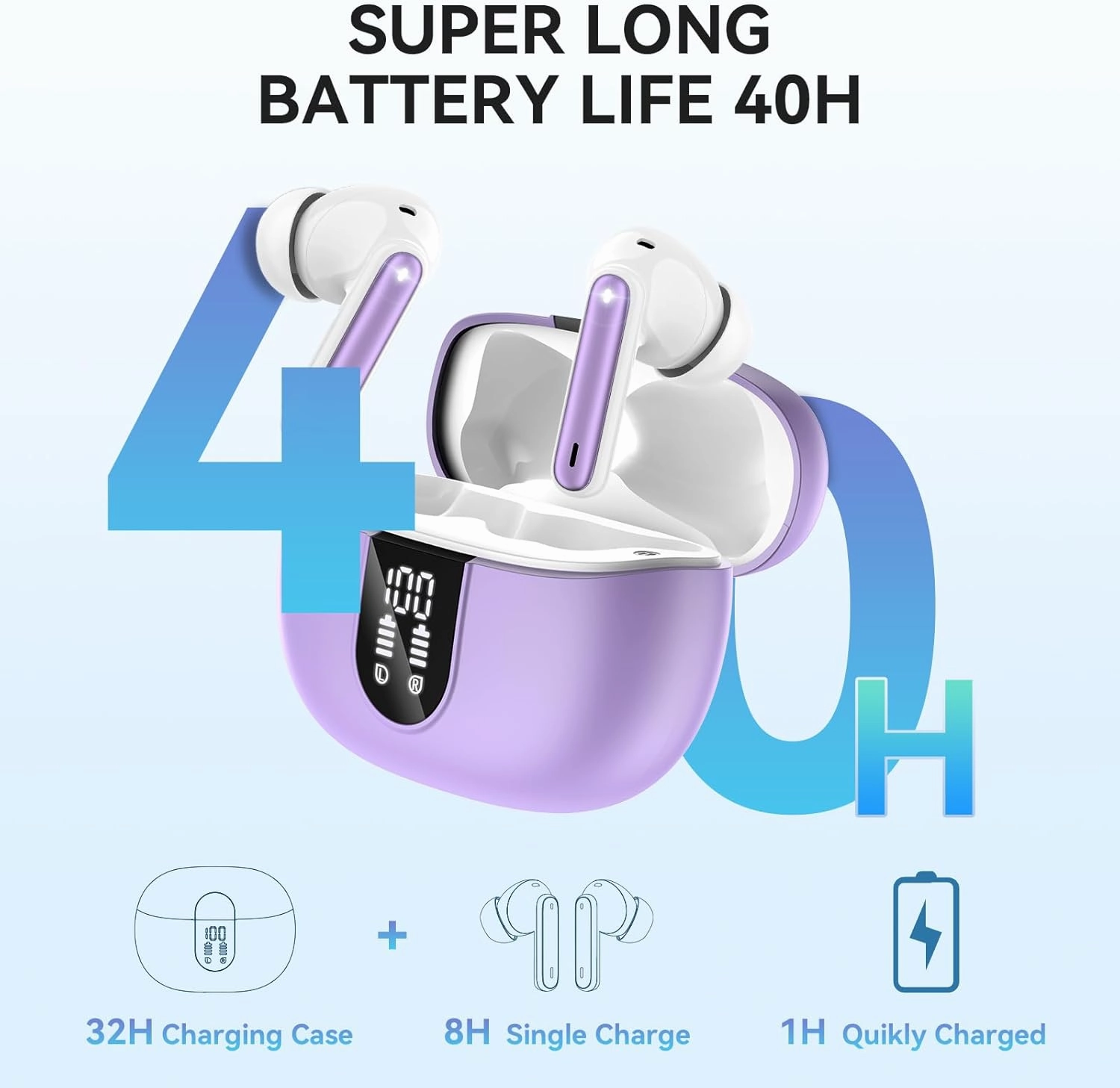 Wireless Earbuds, Bluetooth 5.3 Headphones 40Hrs Playtime Deep Bass Stereo, LED Power Display, Call Noise Canceling Headphones with Mic, IP7 Waterproof Earphones for iOS Android Purple