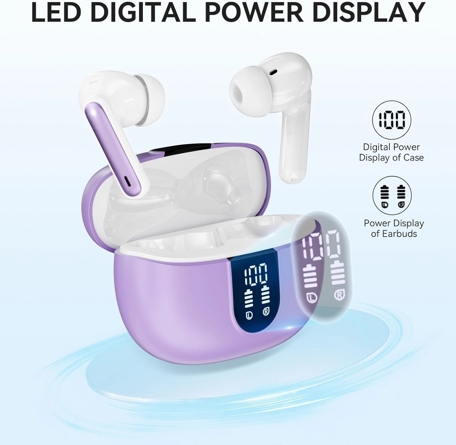 Wireless Earbuds, Bluetooth 5.3 Headphones 40Hrs Playtime Deep Bass Stereo, LED Power Display, Call Noise Canceling Headphones with Mic, IP7 Waterproof Earphones for iOS Android Purple