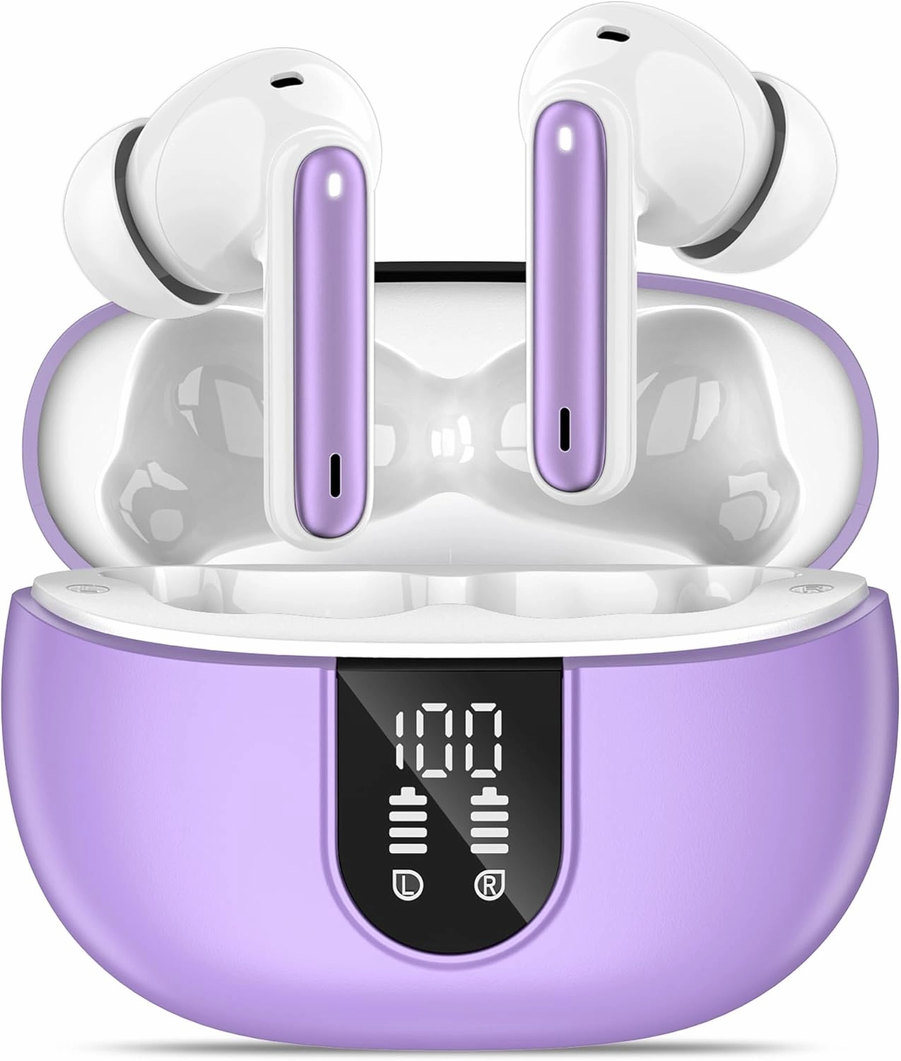 Wireless Earbuds, Bluetooth 5.3 Headphones 40Hrs Playtime Deep Bass Stereo, LED Power Display, Call Noise Canceling Headphones with Mic, IP7 Waterproof Earphones for iOS Android Purple wireless earbuds,Bluetooth earphones,true wireless stereo,