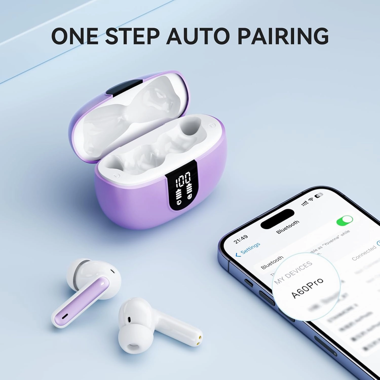 Wireless Earbuds, Bluetooth 5.3 Headphones 40Hrs Playtime Deep Bass Stereo, LED Power Display, Call Noise Canceling Headphones with Mic, IP7 Waterproof Earphones for iOS Android Purple