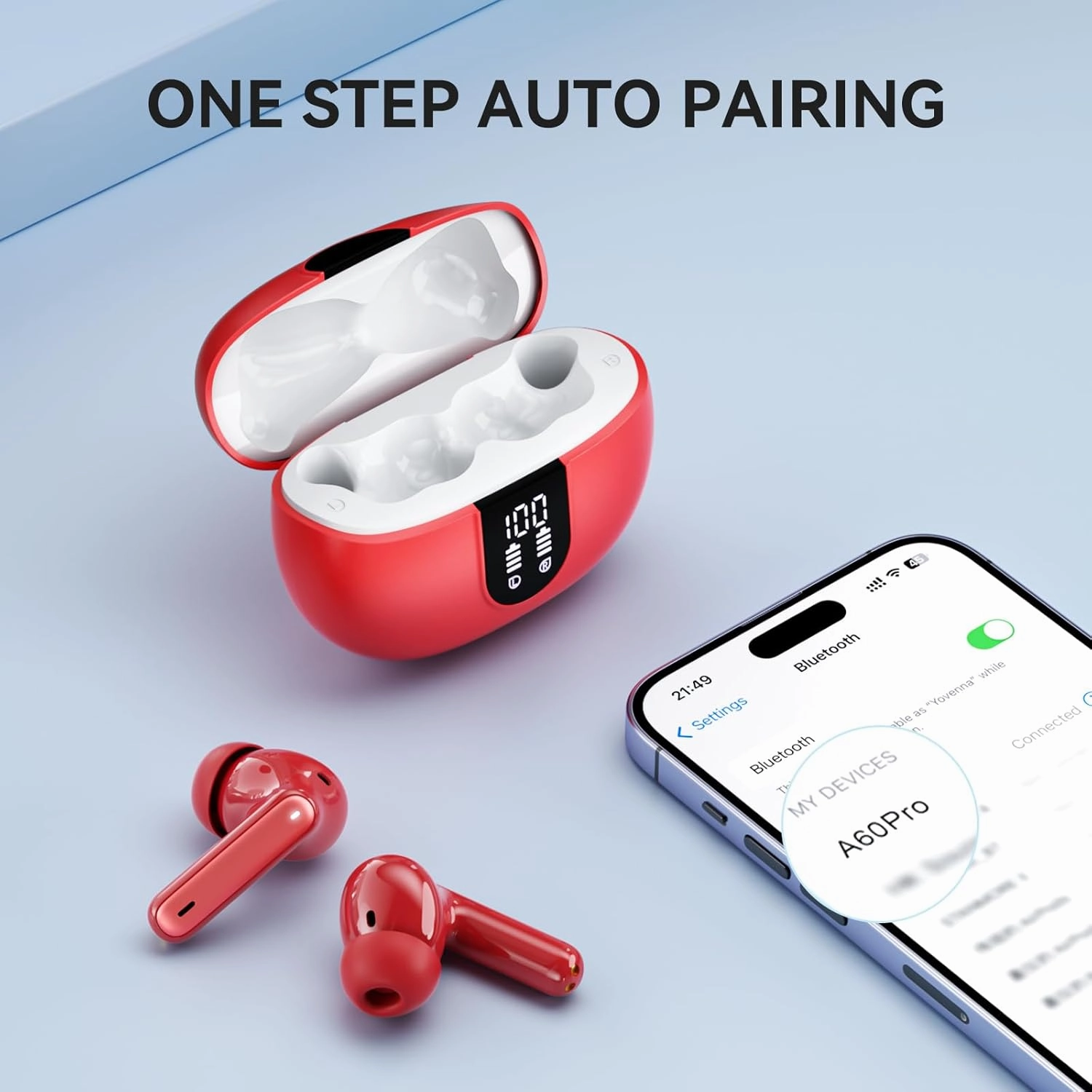 Wireless Earbuds, Bluetooth 5.3 Headphones 40Hrs Playtime Deep Bass Stereo, LED Power Display, Call Noise Canceling Headphones with Mic, IP7 Waterproof Earphones for iOS Android Red