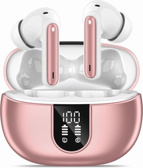 Wireless Earbuds, Bluetooth 5.3 Headphones 40Hrs Playtime Deep Bass Stereo, LED Power Display, Call Noise Canceling Headphones with Mic, IP7 Waterproof Earphones for iOS Android Rose Gold wireless earbuds,Bluetooth earphones,true wireless stereo,