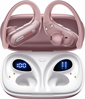Wireless Earbuds Bluetooth 5.3 Headphones 90 Hrs Playtime Ear buds with Wireless Charging Case Power Display Over-ear Earphones with Earhooks Waterproof Stereo Headset for Android phone Workout Pink wireless earbuds,Bluetooth earphones,true wireless stereo