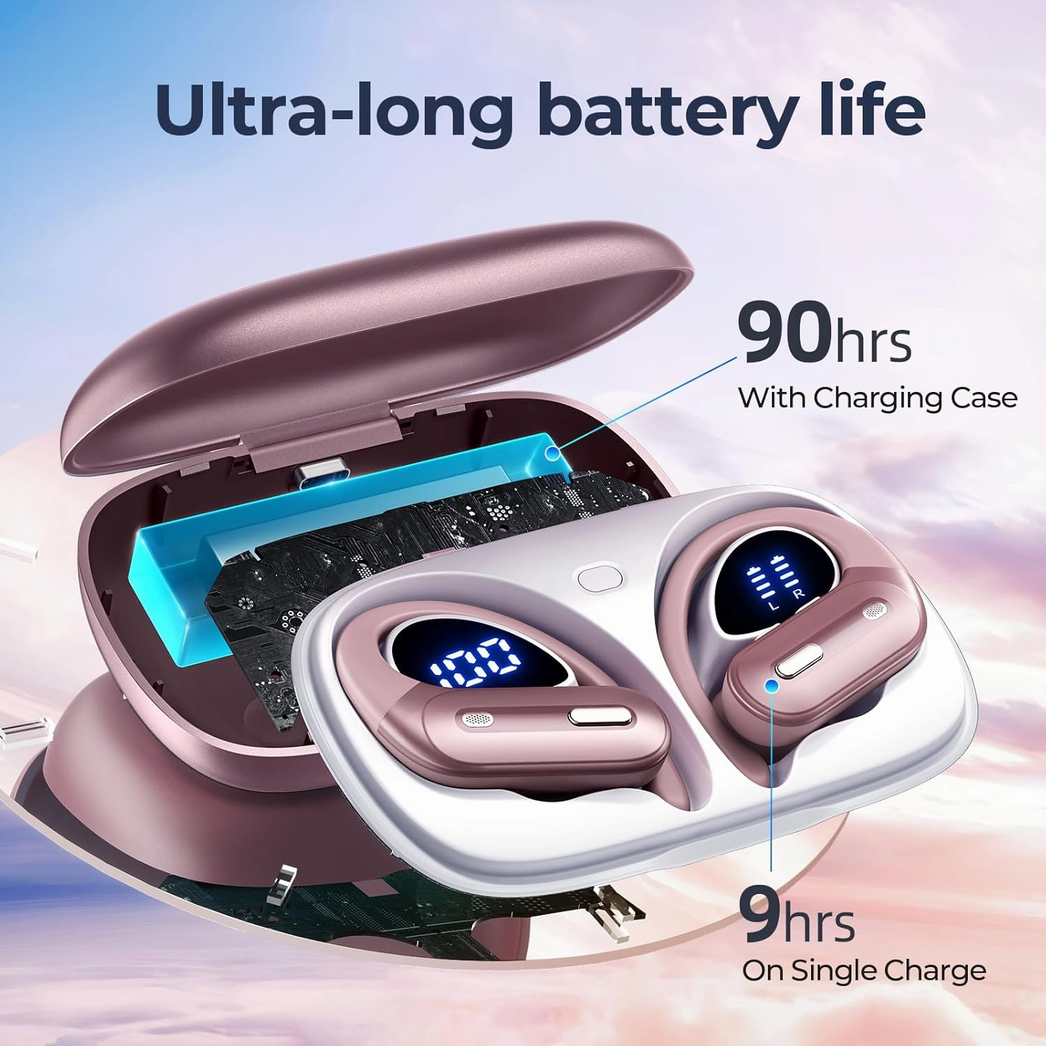 Wireless Earbuds Bluetooth 5.3 Headphones 90 Hrs Playtime Ear buds with Wireless Charging Case Power Display Over-ear Earphones with Earhooks Waterproof Stereo Headset for Android phone Workout Pink