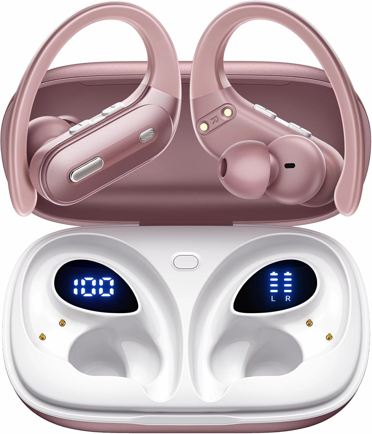 Wireless Earbuds Bluetooth 5.3 Headphones 90 Hrs Playtime Ear buds with Wireless Charging Case Power Display Over-ear Earphones with Earhooks Waterproof Stereo Headset for Android phone Workout Pink wireless earbuds,Bluetooth earphones,true wireless stereo