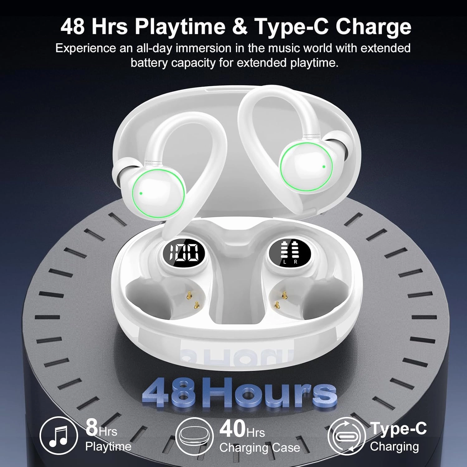 Wireless Earbuds, Bluetooth 5.3 Headphones Sport, Over Ear Buds With ENC Noise Cancelling Mic, 48H, Wireless Earphone With Earhooks, Stereo Deep Bass, IP7 Waterproof Headset for Workout Running, White