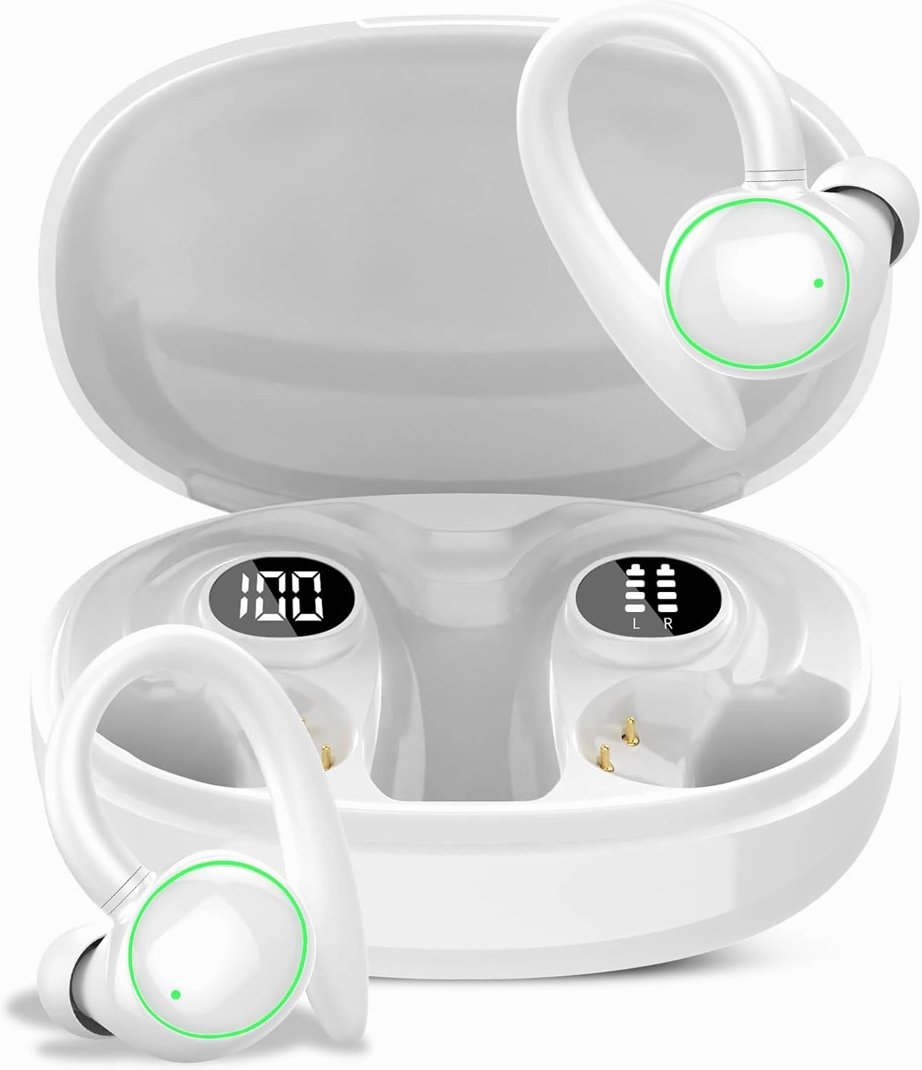 Wireless Earbuds, Bluetooth 5.3 Headphones Sport, Over Ear Buds With ENC Noise Cancelling Mic, 48H, Wireless Earphone With Earhooks, Stereo Deep Bass, IP7 Waterproof Headset for Workout Running, White TWS earbuds,compact wireless buds,Bluetooth ear tips,