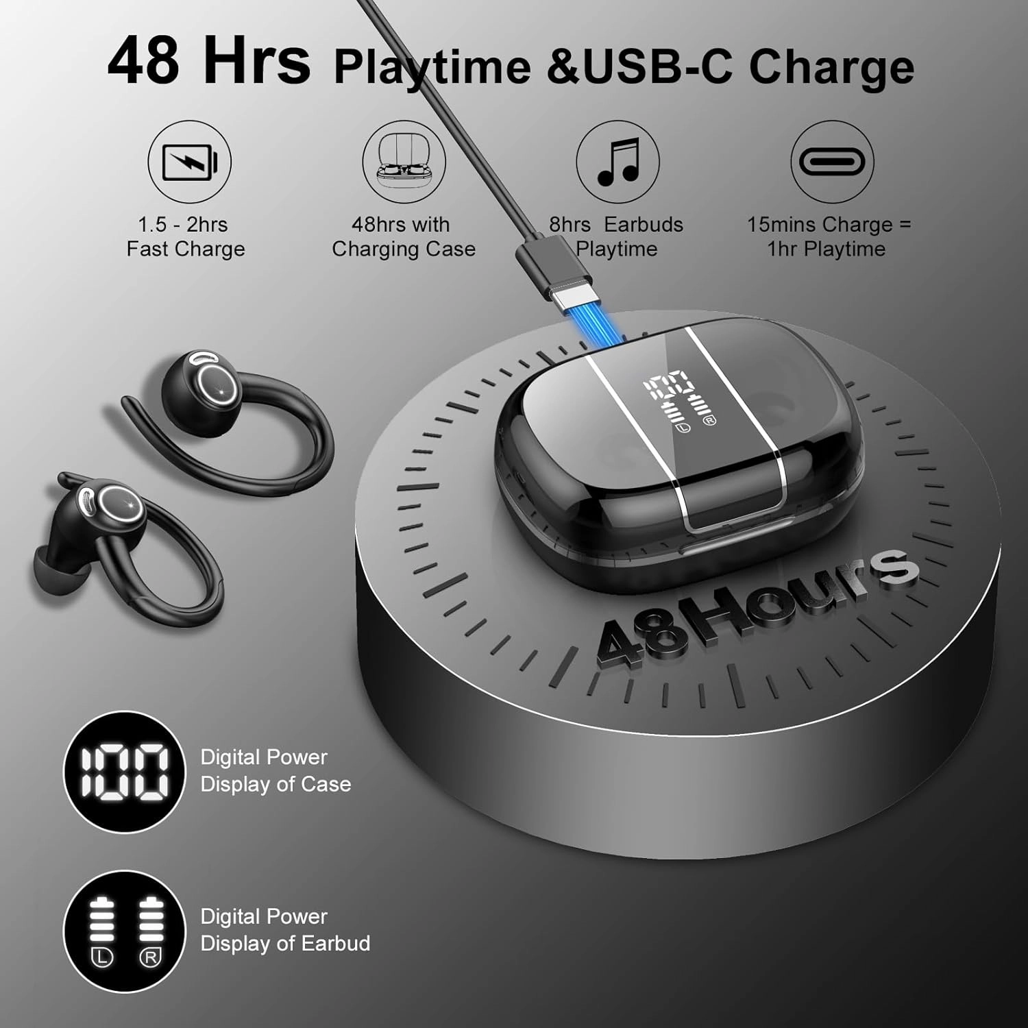 Wireless Earbuds Bluetooth 5.3 Headphones Sports, 48Hrs Playback Over Ear Buds with CVC8.0 Mic, Bass Stereo Bluetooth Earbuds with Earhooks, LED Display, IP7 Waterproof Earphones for Workout/Running