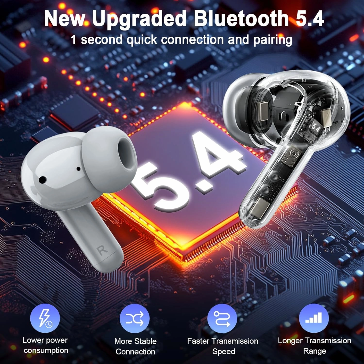 Wireless Earbuds Bluetooth 5.4 Headphones, 2025 Hi-Fi Stereo Bass Ear Buds, 4 ENC Noise Cancelling Mic 36Hrs USB-C in-Ear Earphones IP7 Waterproof Sport Workout for Laptop Pad Android iOS Phone, Grey