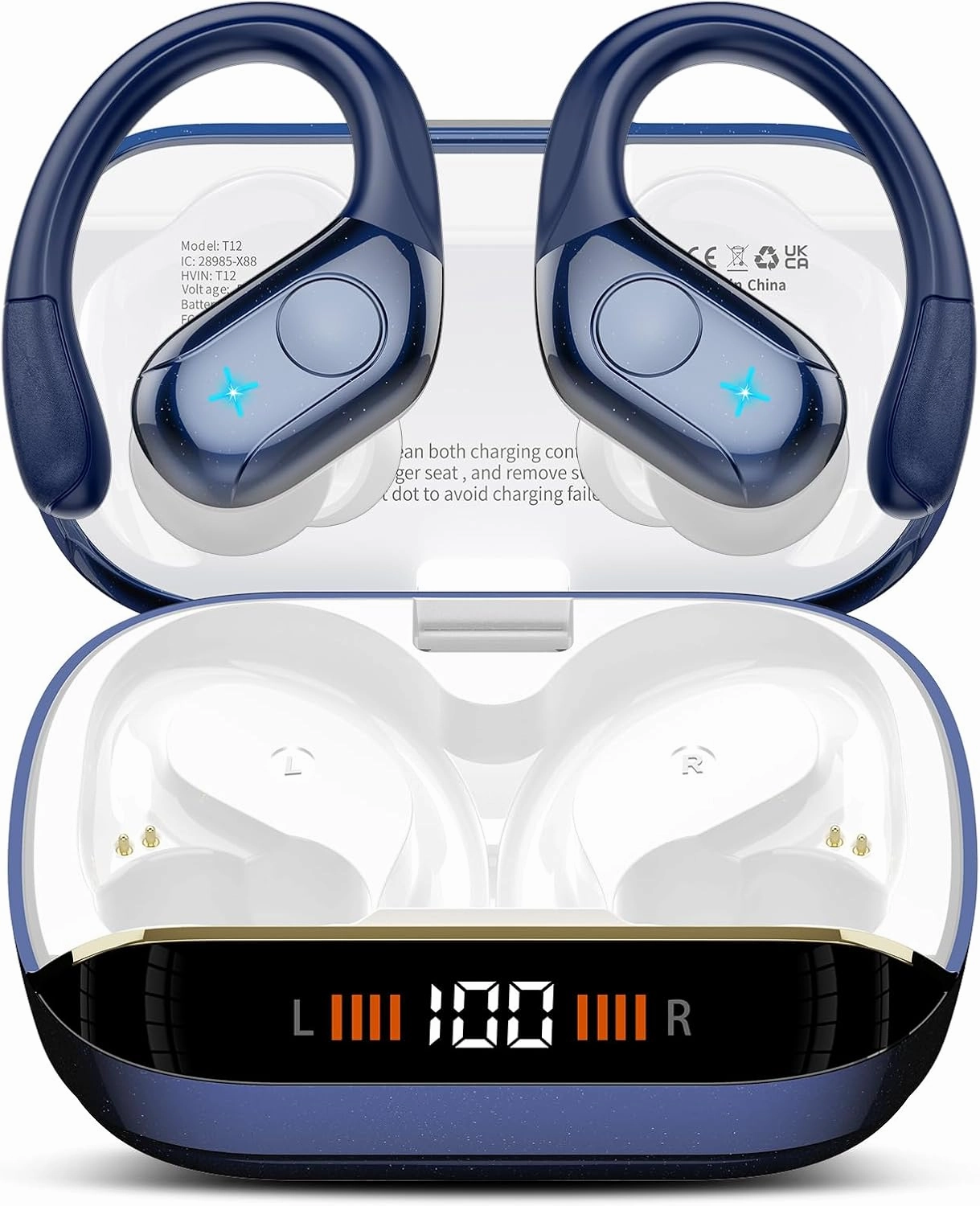 Wireless Earbuds Bluetooth 5.4 Headphones 75H Playtime Stereo Deep Bass Sports Ear Buds with Earhooks, LED Display Bluetooth Earbuds with 4 ENC Mic, IP7 Waterproof Earphone for Running, Dark Blue over-ear headphones,closed back headphones,wireless studio c