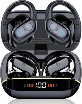Wireless Earbuds Bluetooth 5.4 Headphones 75H Stereo Deep Bass Sports Over Ear Buds with Earhooks, LED Display Bluetooth Earbuds with 4 ENC Mic, IP7 Waterproof Earphone for Running, Black over-ear headphones,closed back headphones,wireless studio cans,