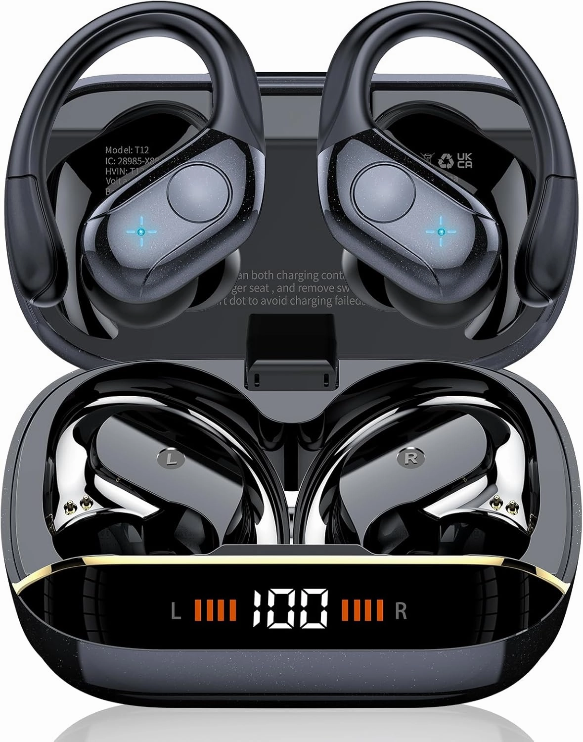 Wireless Earbuds Bluetooth 5.4 Headphones 75H Stereo Deep Bass Sports Over Ear Buds with Earhooks, LED Display Bluetooth Earbuds with 4 ENC Mic, IP7 Waterproof Earphone for Running, Black over-ear headphones,closed back headphones,wireless studio cans,