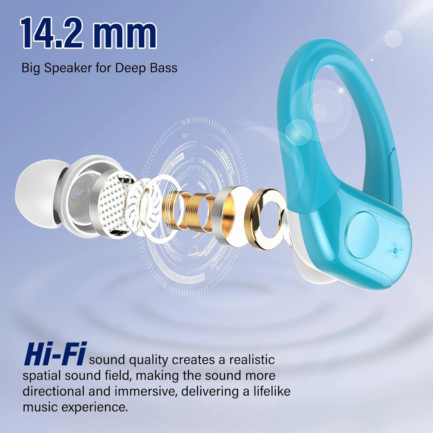 Wireless Earbuds Bluetooth 5.4 Headphones 75H Stereo Deep Bass Sports Over Ear Buds with Earhooks, LED Display Bluetooth Earbuds with 4 ENC Mic, IP7 Waterproof Earphone for Running, Blue