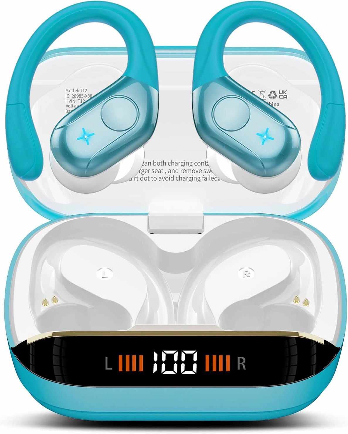 Wireless Earbuds Bluetooth 5.4 Headphones 75H Stereo Deep Bass Sports Over Ear Buds with Earhooks, LED Display Bluetooth Earbuds with 4 ENC Mic, IP7 Waterproof Earphone for Running, Blue over-ear headphones,closed back headphones,wireless studio cans,
