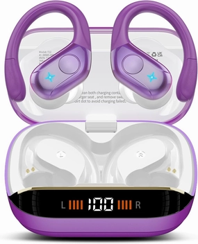 Wireless Earbuds Bluetooth 5.4 Headphones 75H Stereo Deep Bass Sports Over Ear Buds with Earhooks, LED Display Bluetooth Earbuds with 4 ENC Mic, IP7 Waterproof Earphone for Running,Dark Purple over-ear headphones,closed back headphones,wireless studio cans