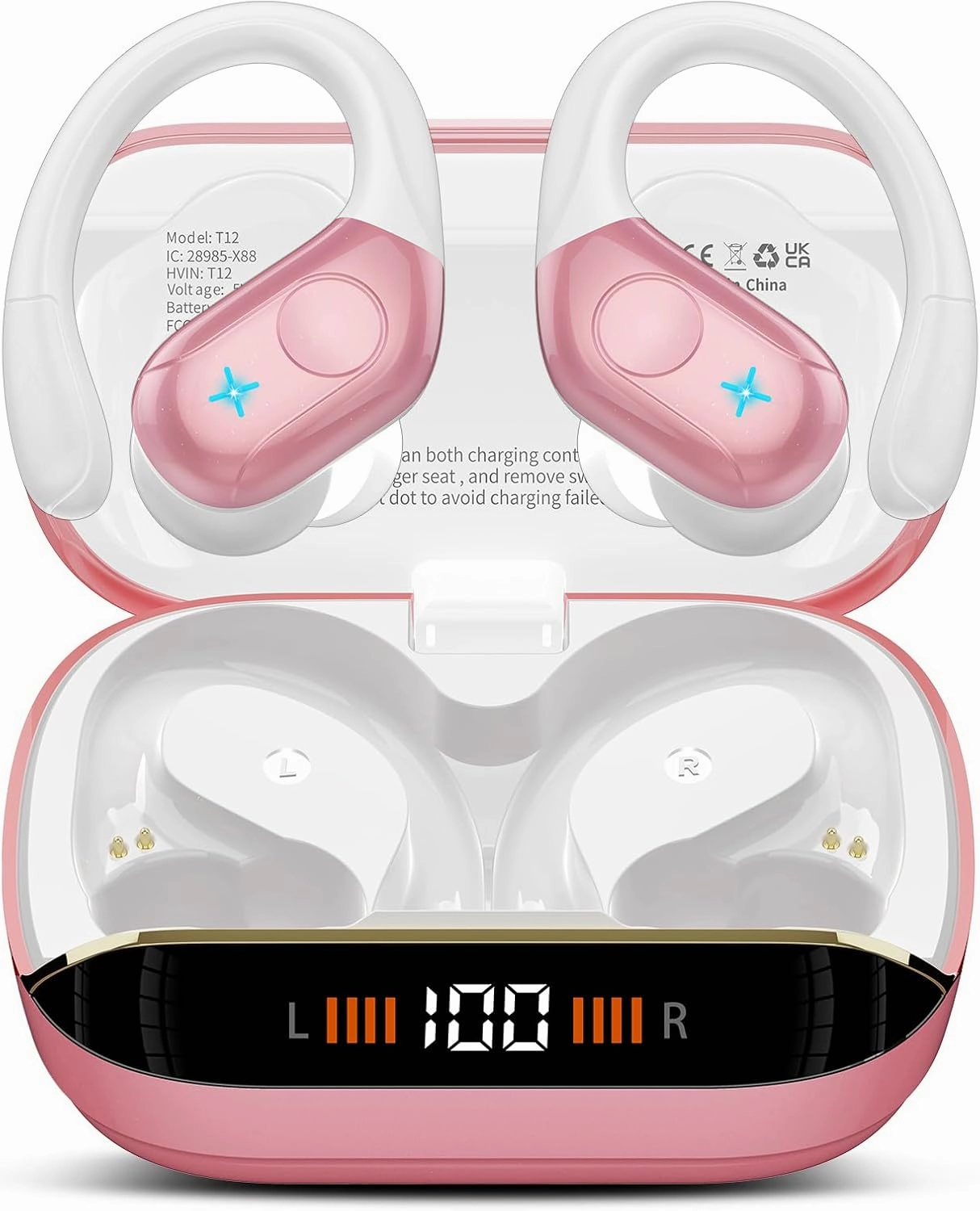 Wireless Earbuds Bluetooth 5.4 Headphones 75H Stereo Deep Bass Sports Over Ear Buds with Earhooks, LED Display Bluetooth Earbuds with 4 ENC Mic, IP7 Waterproof Earphone for Running, Pink over-ear headphones,closed back headphones,wireless studio cans,