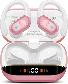 Wireless Earbuds Bluetooth 5.4 Headphones 75H Stereo Deep Bass Sports Over Ear Buds with Earhooks, LED Display Bluetooth Earbuds with 4 ENC Mic, IP7 Waterproof Earphone for Running, Pink over-ear headphones,closed back headphones,wireless studio cans,