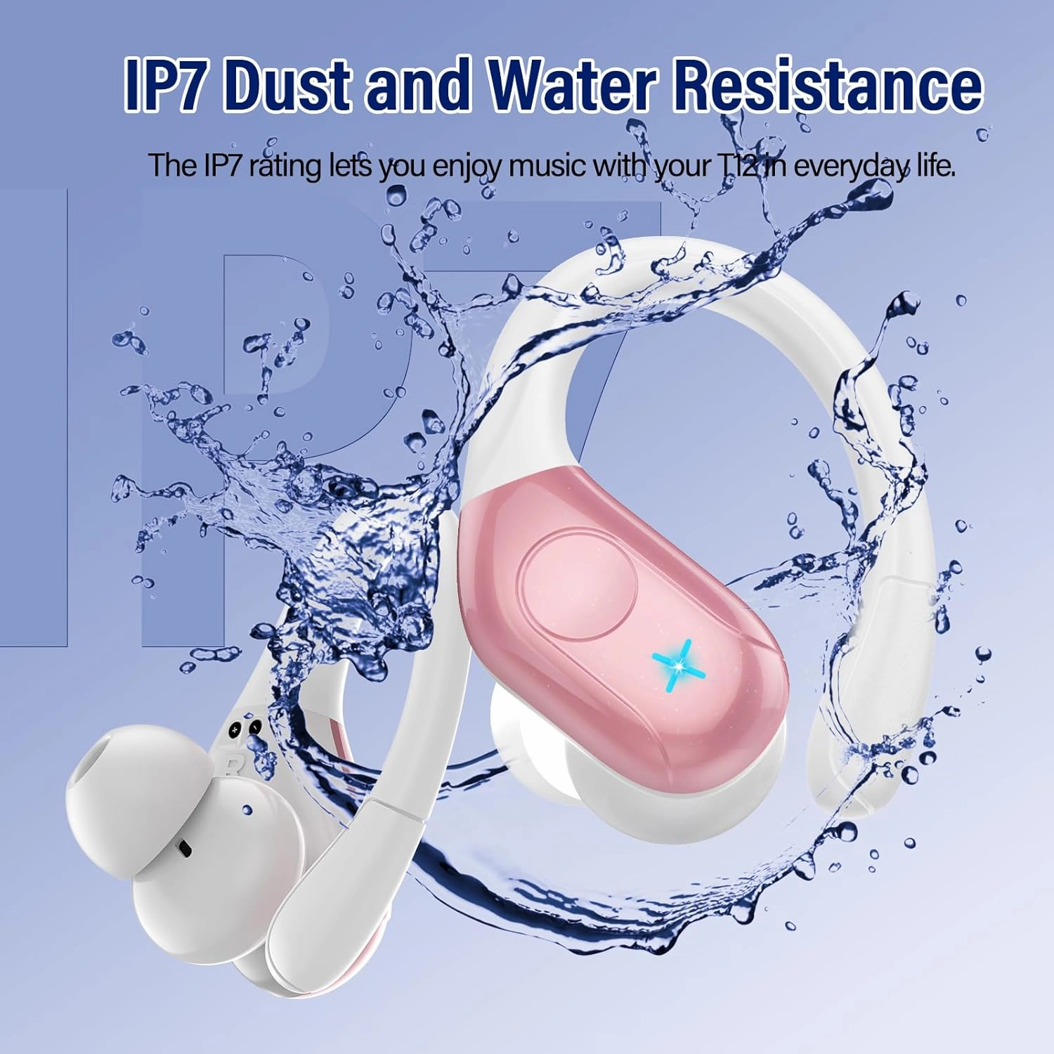 Wireless Earbuds Bluetooth 5.4 Headphones 75H Stereo Deep Bass Sports Over Ear Buds with Earhooks, LED Display Bluetooth Earbuds with 4 ENC Mic, IP7 Waterproof Earphone for Running, Pink