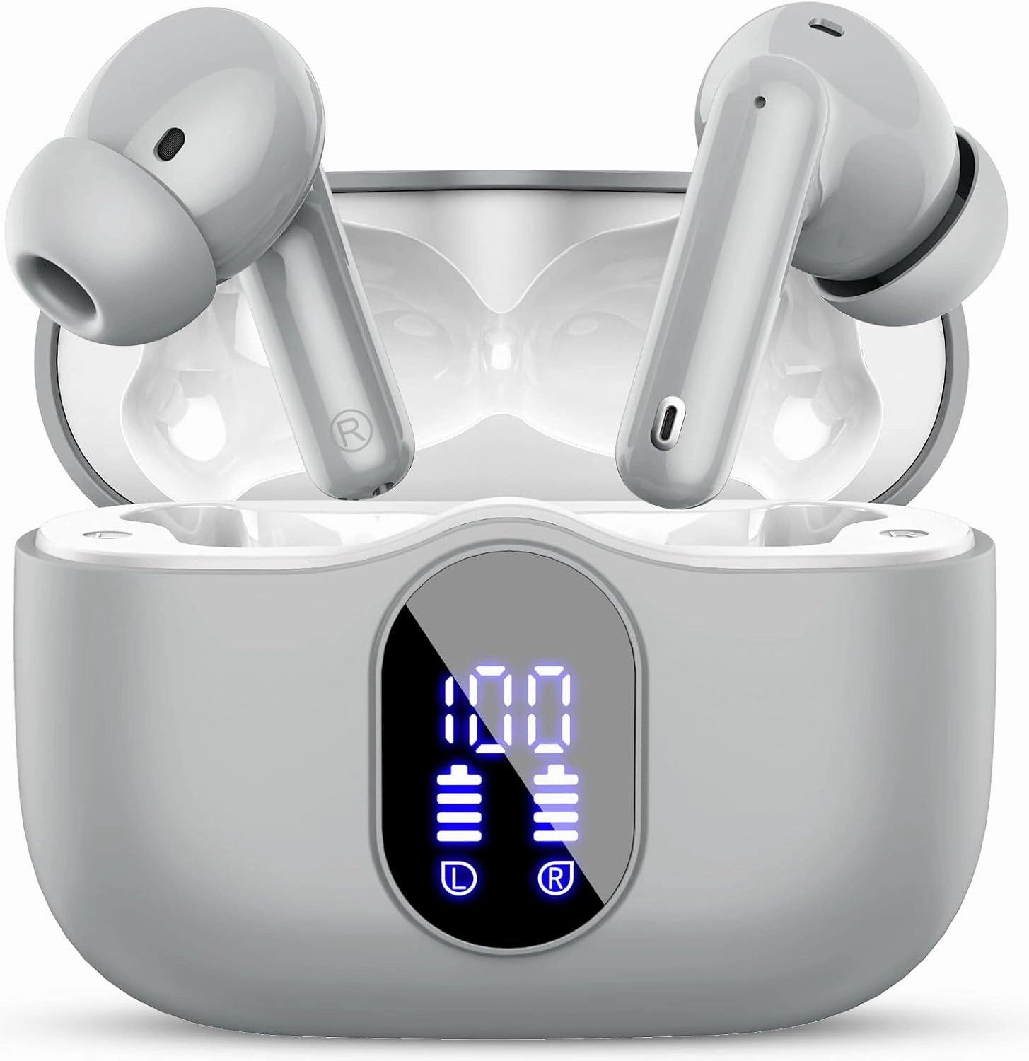 Wireless Earbuds Bluetooth 5.4 Headphones Bass Stereo Ear Buds with Noise Cancelling Mic LED Display in Ear Earphones IP7 Waterproof 36H Playtime for Laptop Pad Phones Sports Workout Grey wireless earbuds,Bluetooth earphones,true wireless stereo,
